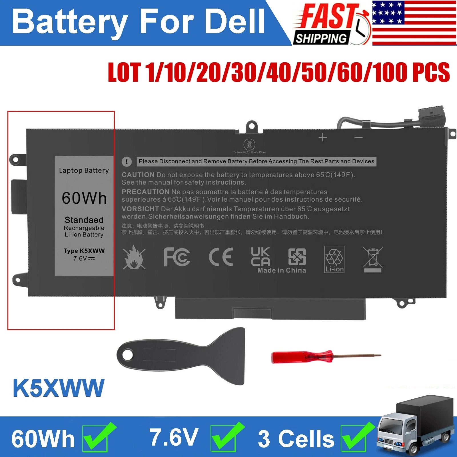 ?LOT 1-100 K5XWW BATTERY FOR DELL Latitude 5289 7389 7390 2 in 1 71TG4 60Wh NEW