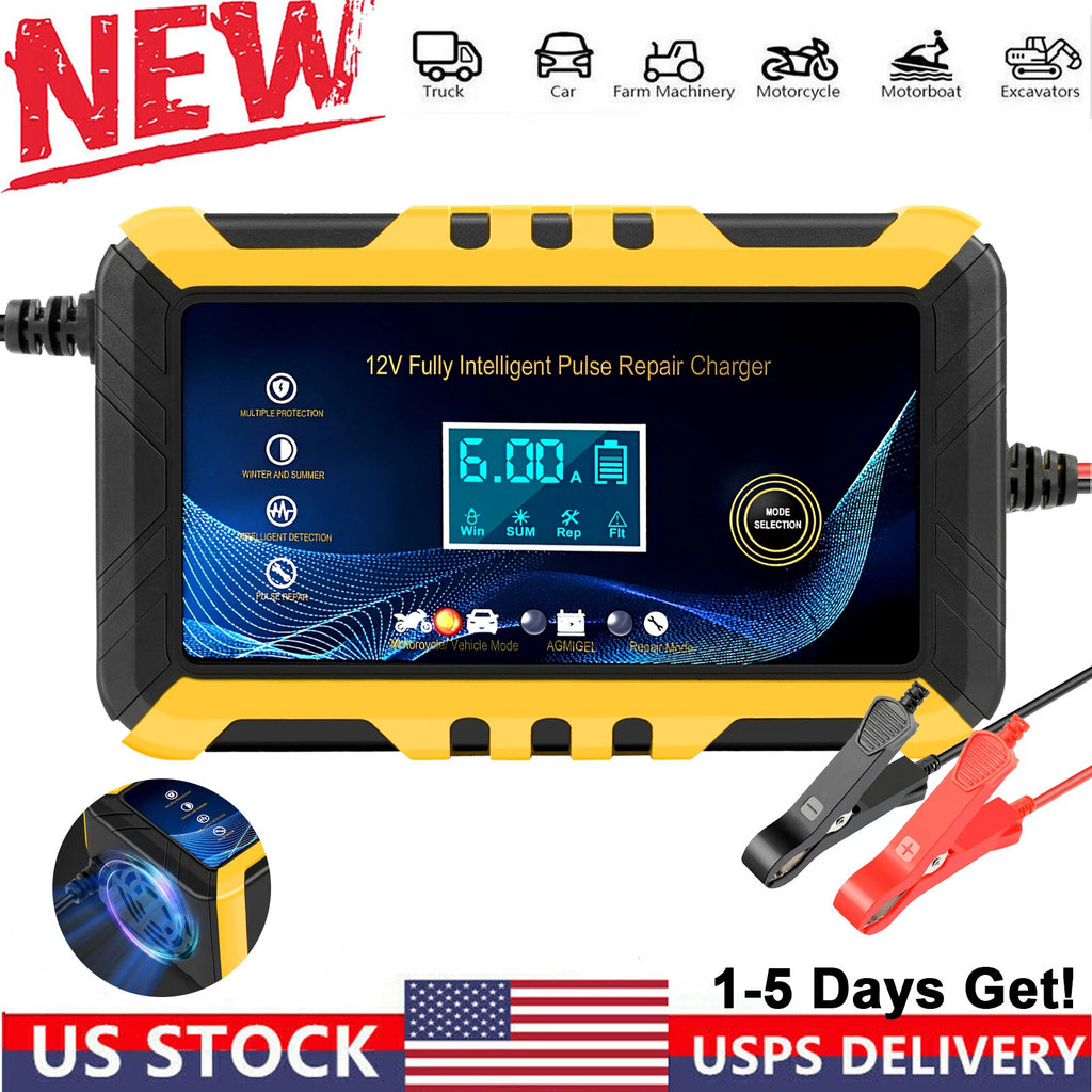 12V 6A Car Battery Charger Auto Pulse Repair Trickle RV for Truck Motorcycle ATV