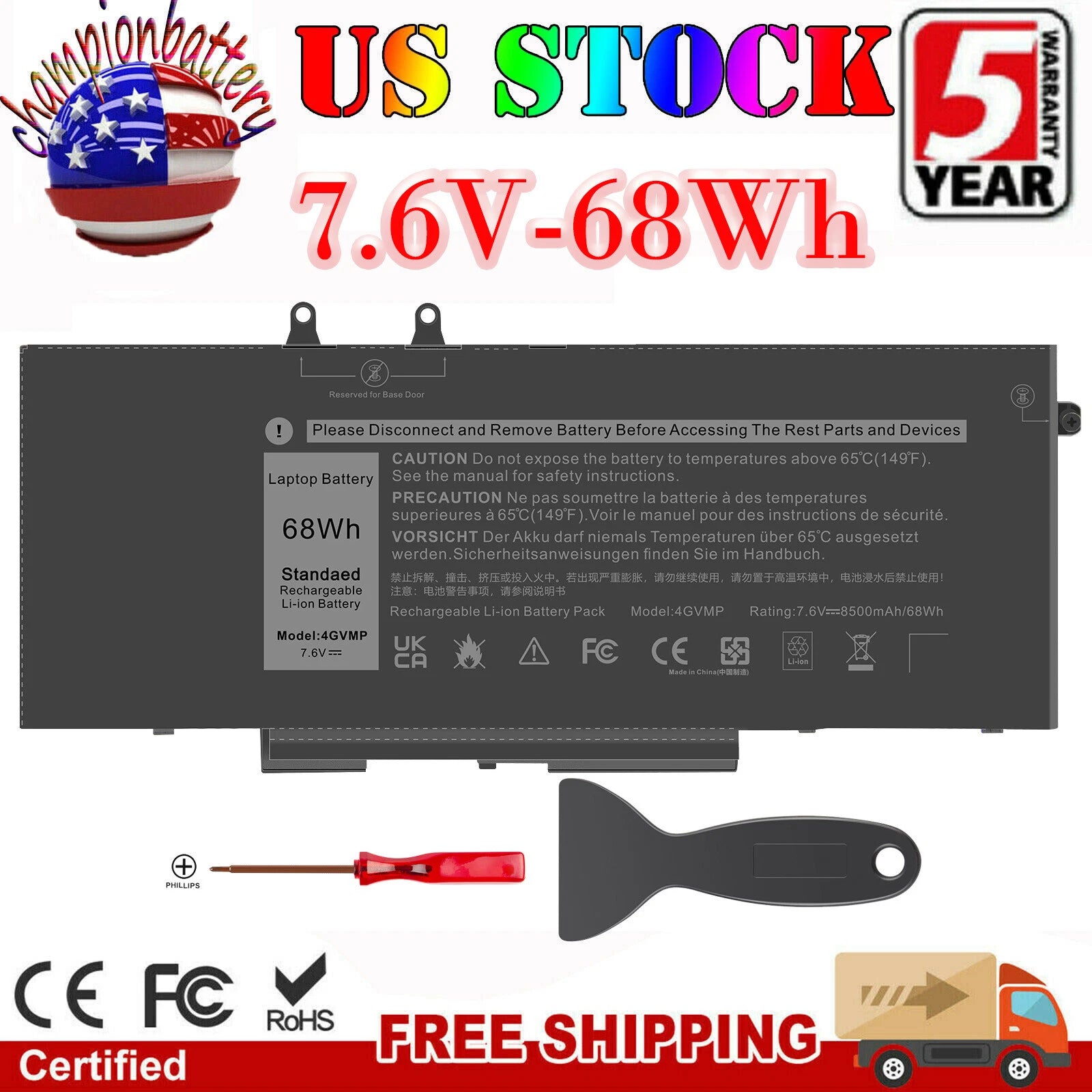 4GVMP Battery for Dell Latitude 5510 5400 5500 Precision 3540 C5GV2 7.6V 68Wh