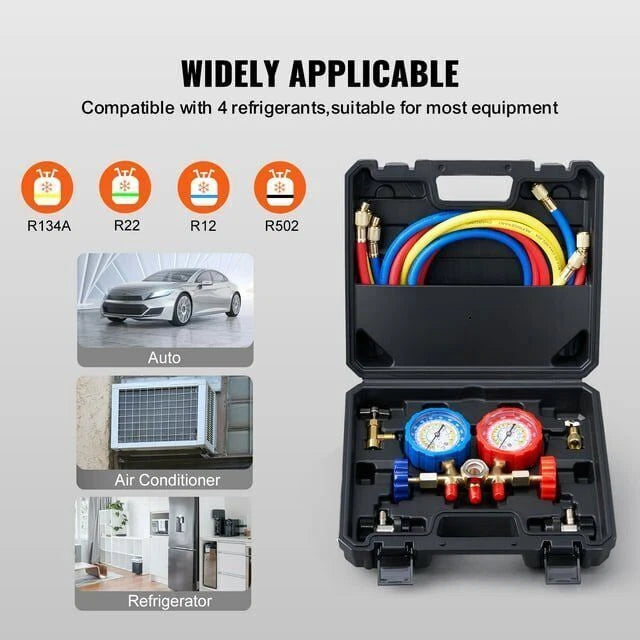 AC Manifold Gauge Set 3 Ways For R134A R22 R12 R502 Refrigeration Charging Hose