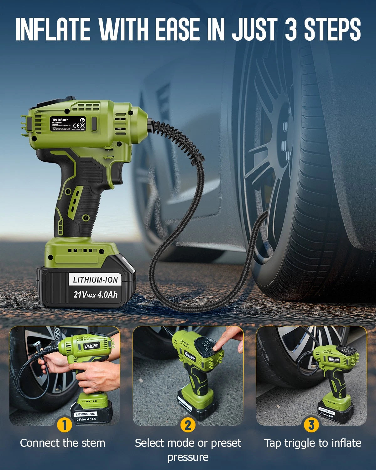 Cordless Tire Inflator Air Compressor 12V Car Tire Pump 21V Rechargeable Battery
