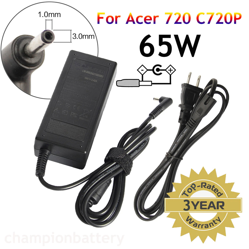 65W For Acer Chromebook 11 CB3-111 White Laptop Ac Adapter Charger & Cord