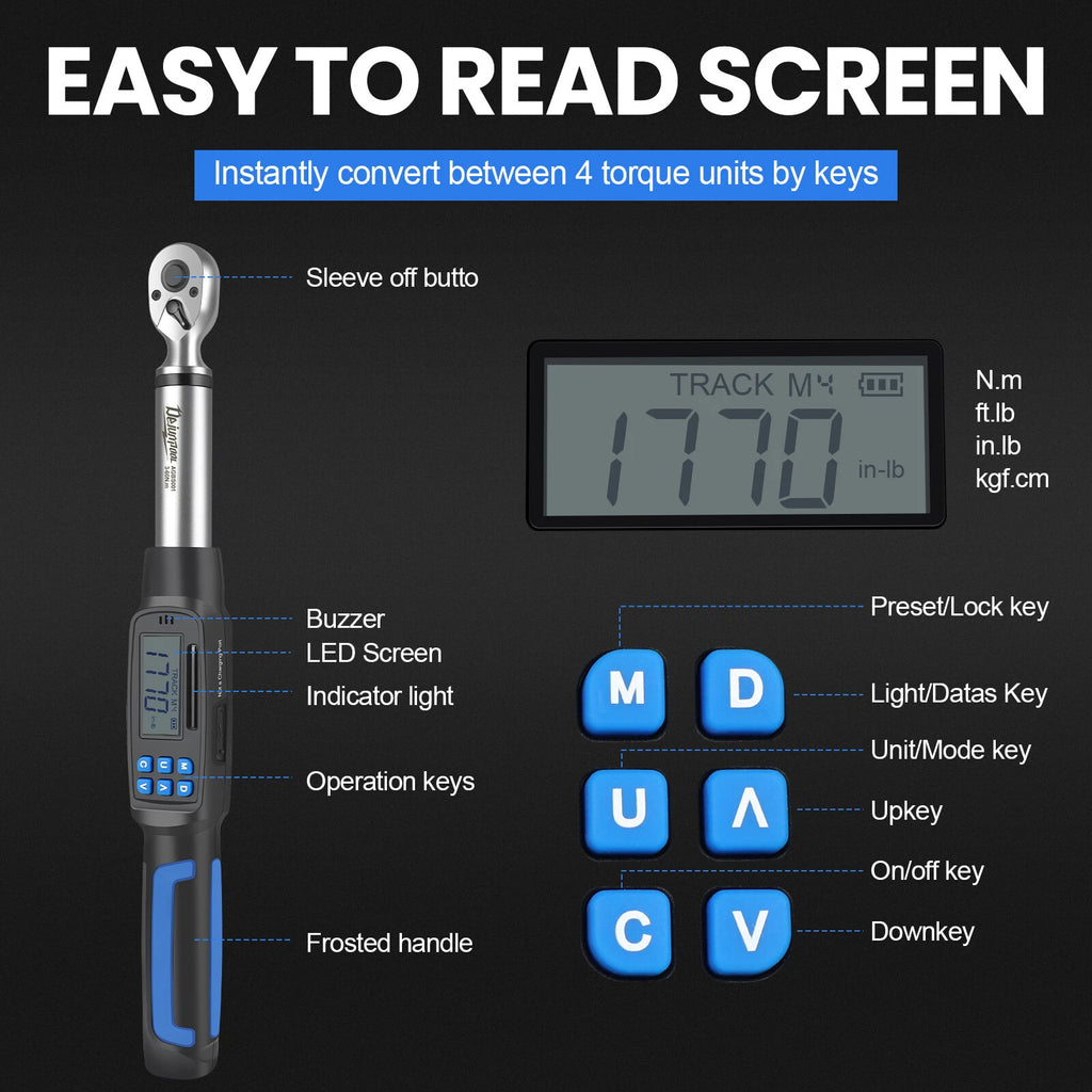 3/8" Drive Digital Torque Wrench Adjustable Torque Wrench Ratchet Head 3-60NM