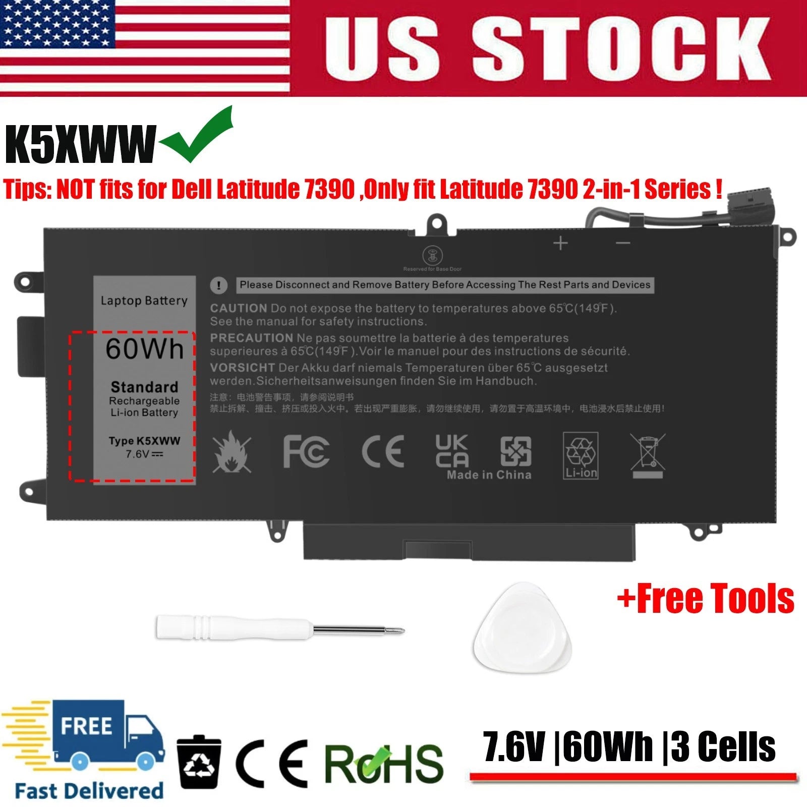 ?K5XWW Battery For Dell Latitude 5289 7389 7390 2-in-1 71TG4 X49C1 N18GG P29S001