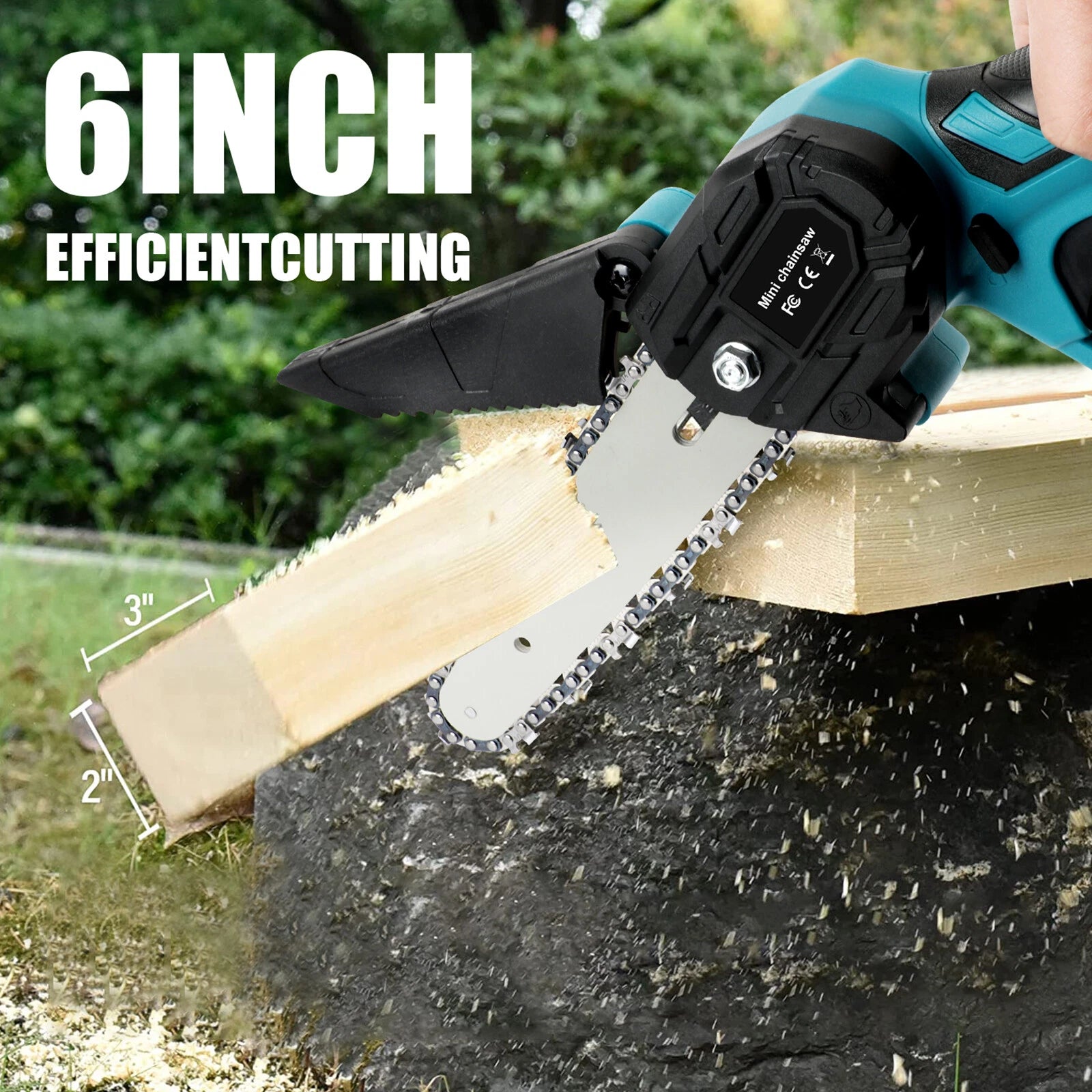 4''+6" Electric Mini Chainsaw 18V Handheld Cordless Wood Cutter W/ 2 Battery