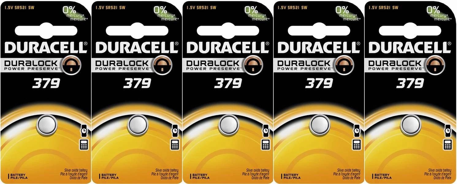Duracell 379 (SR521SW) Coin Cell Silver Oxide Batteries x 5