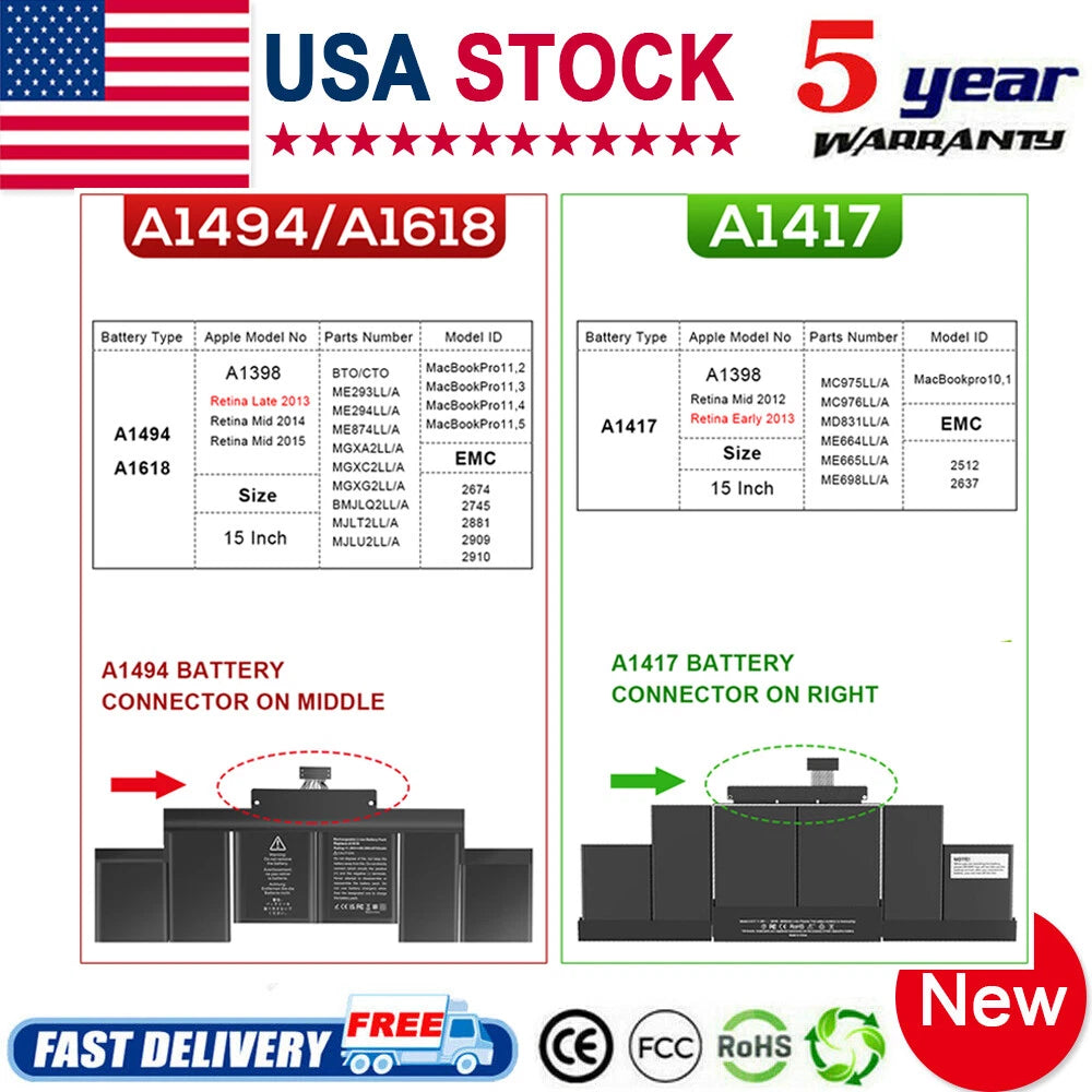 A1417 A1618 Battery For Apple Macbook Pro 15'' A1398 Early 2012 Late 2014 2015