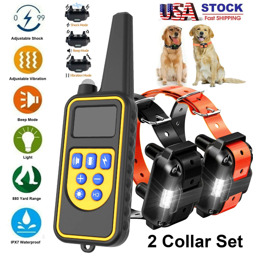 2 Collar Set 2600 FT Remote Dog Shock Training Rechargeable Waterproof LCD Pet