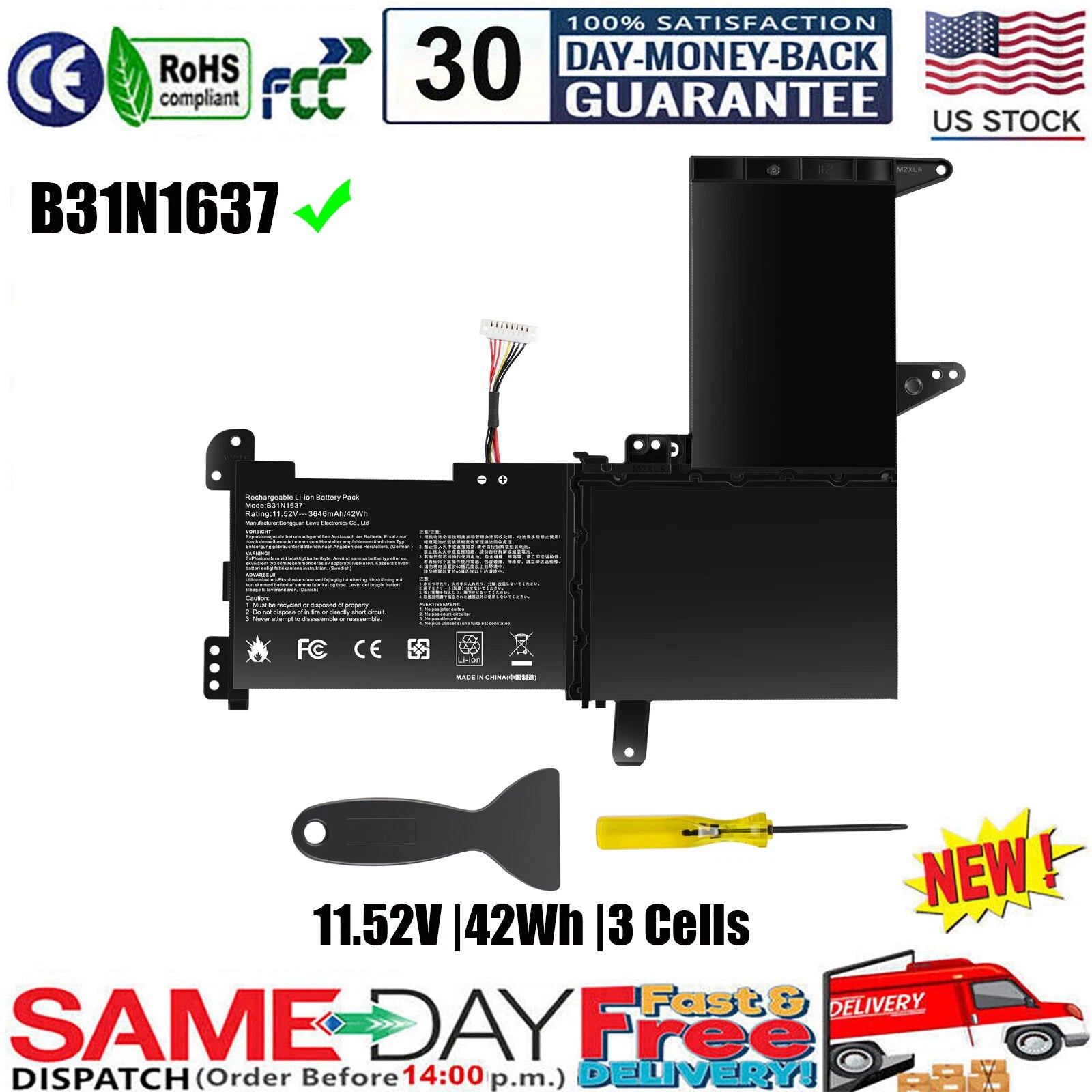 New B31N1637 Battery for Asus VivoBook X510 X510UA X510UR S510U S510UQ X510UF US