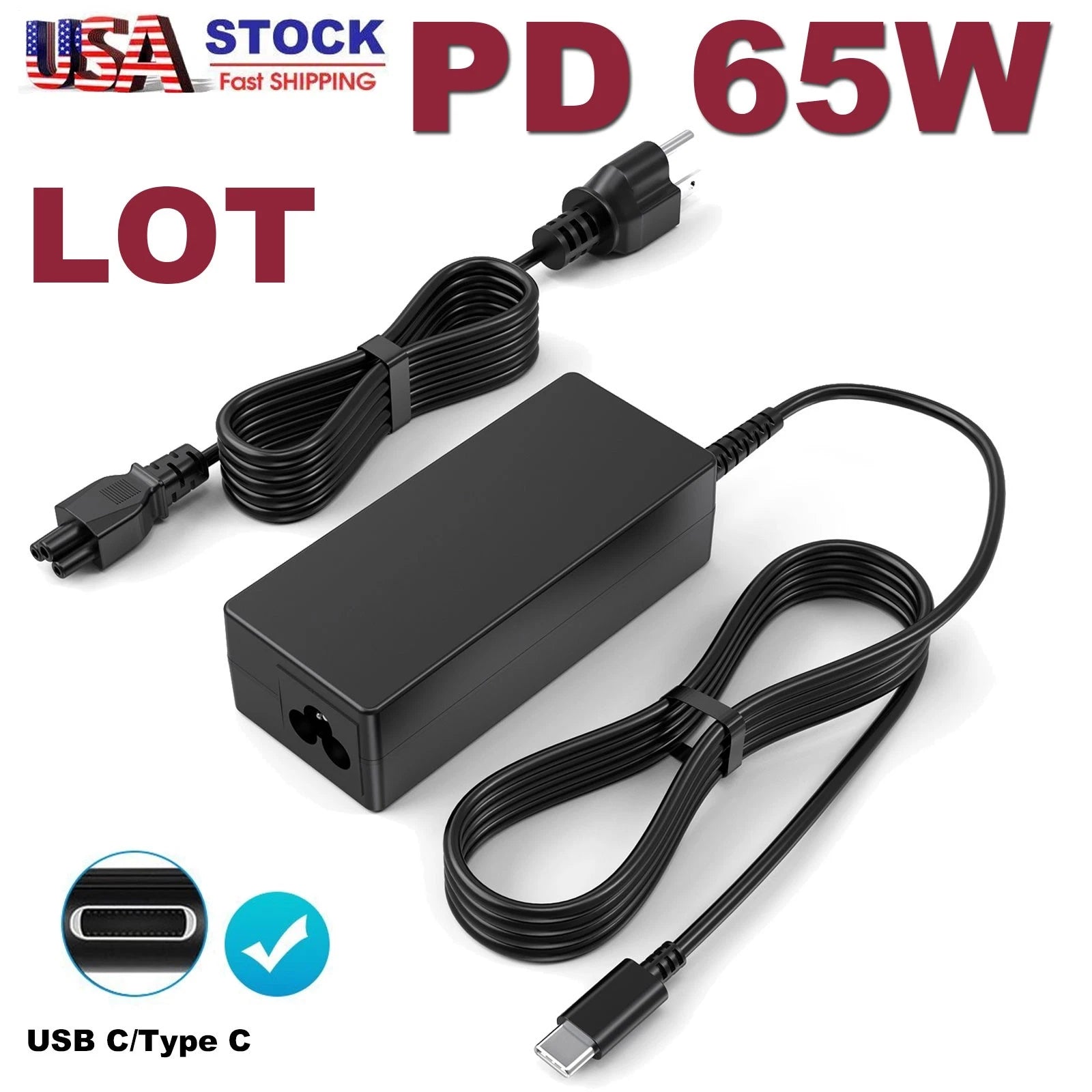 LOT OF 65W USB-C Type-C Adapter Laptop Charger For Lenovo/HP/Samsung/Acer/Dell