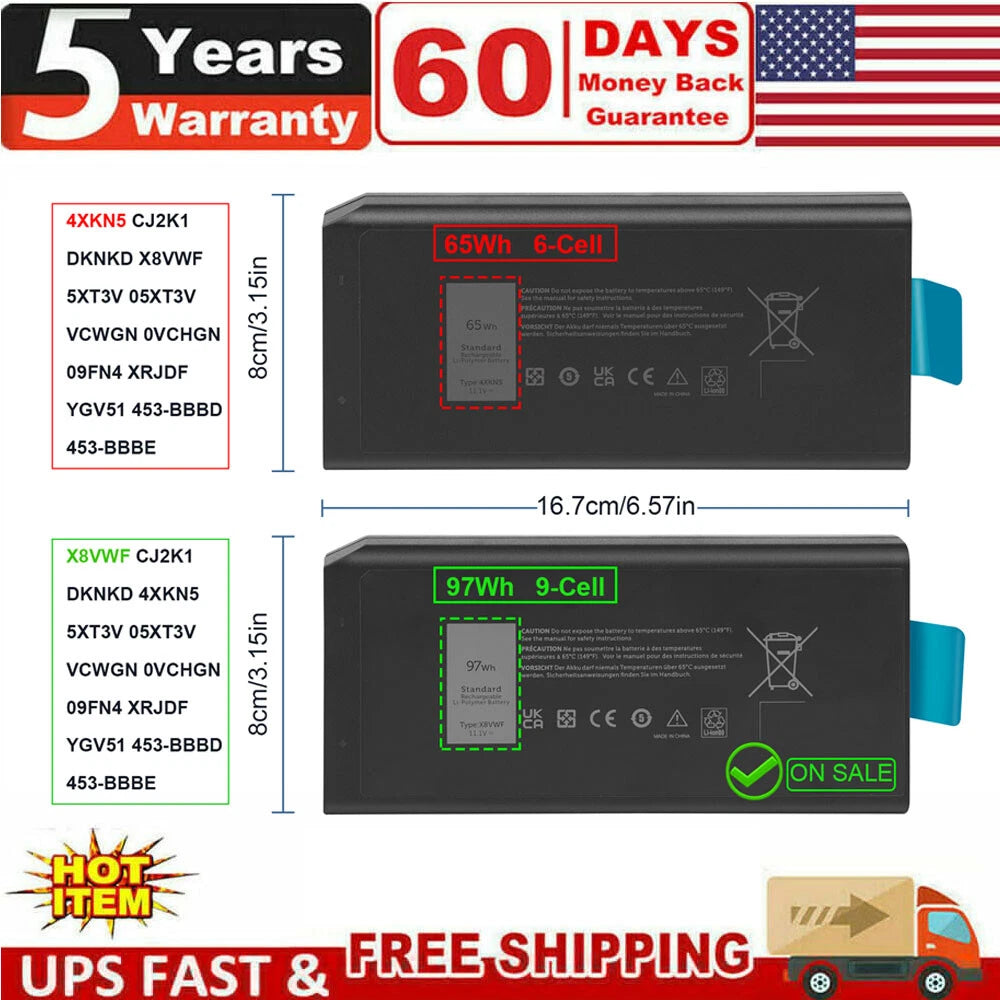 Battery For Dell X8VWF Latitude 14 Rugged 5404 7404 9-cell 97 WH 0X8VWF