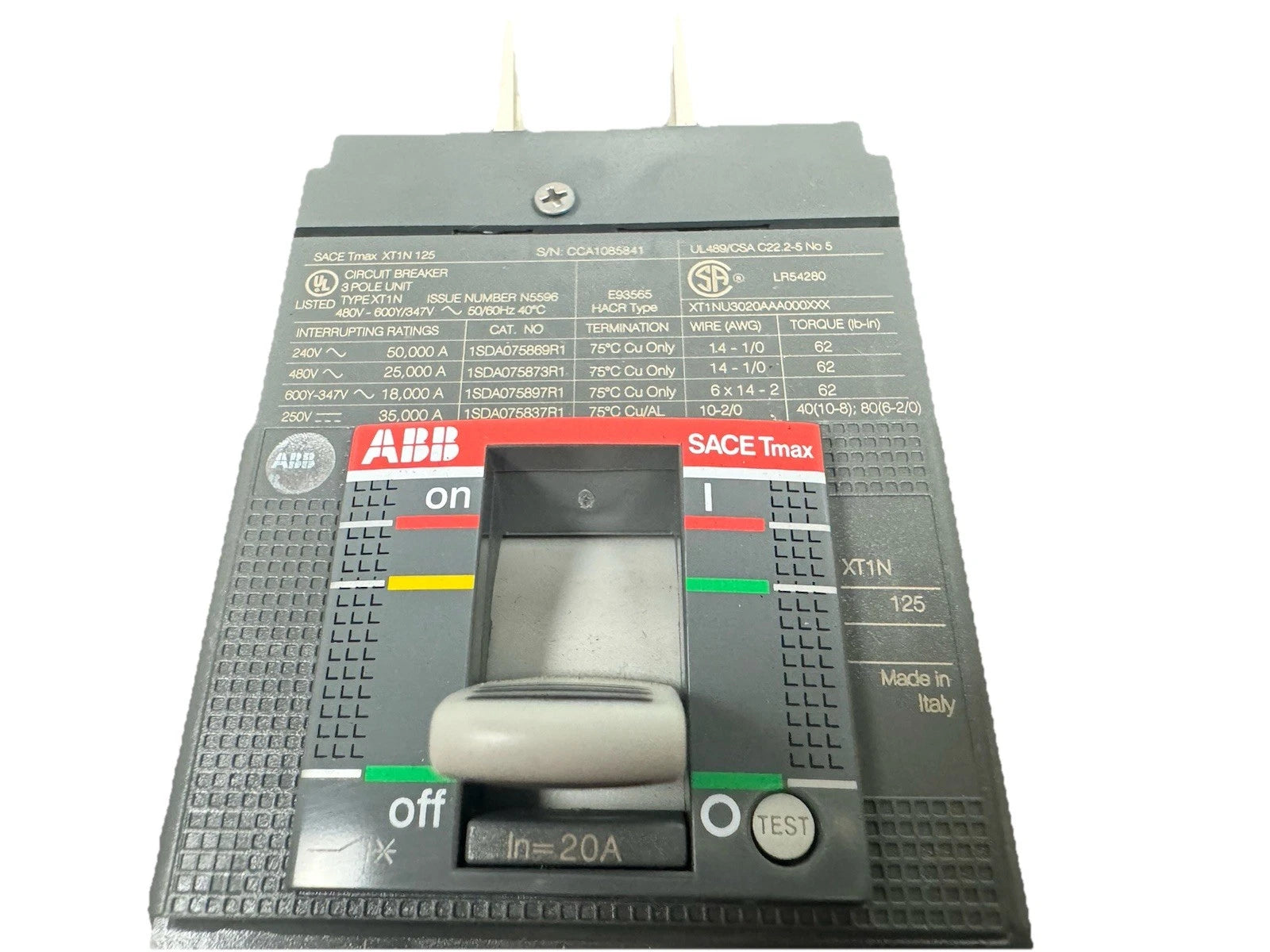 ABB SACE Tmax XT1N 125 240v 480v Industrial 3 Pole Circuit Breaker 20 Amp