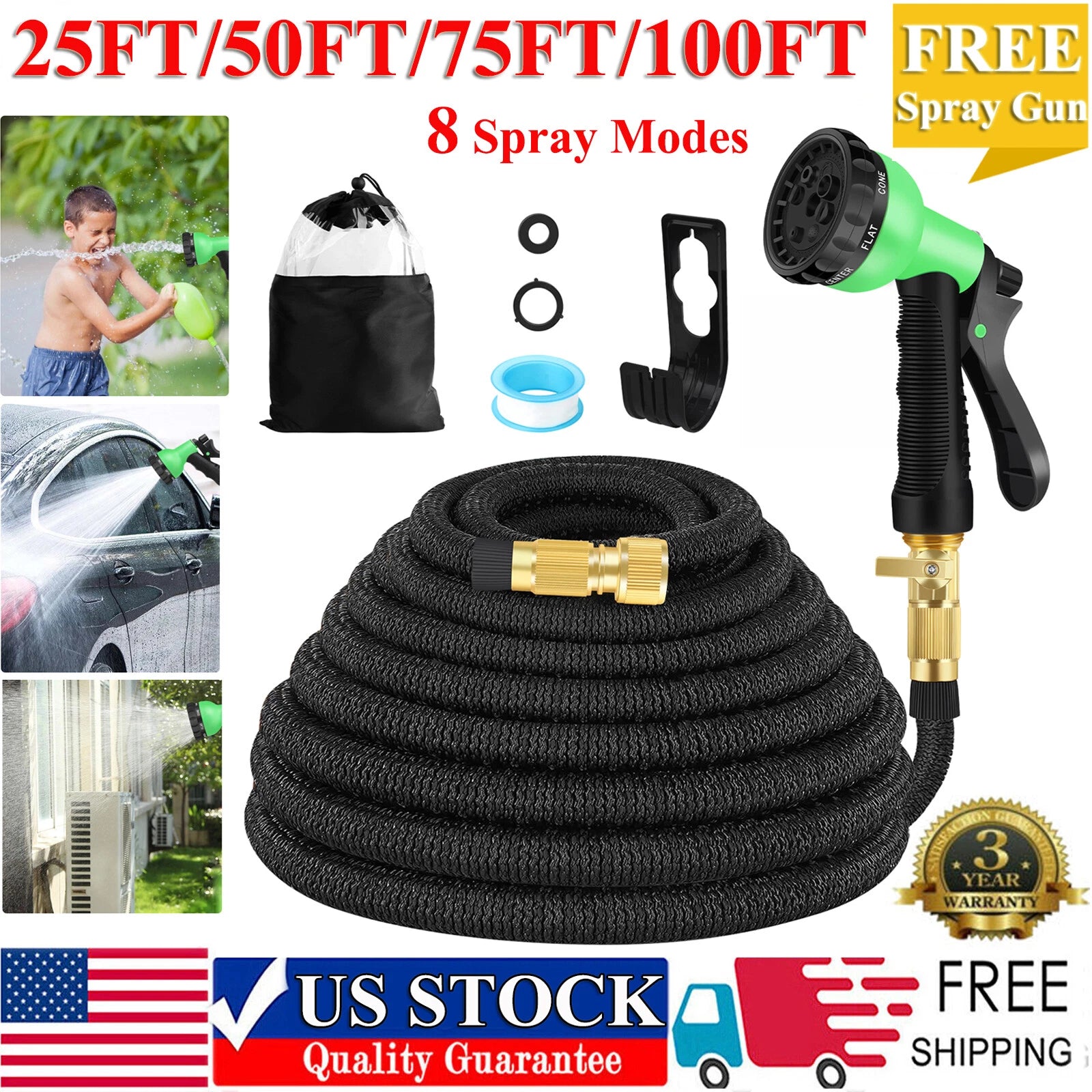 Stronger Expandable 3X Flexible Garden Hose Water Hose w Spray 50,75,100,150FT