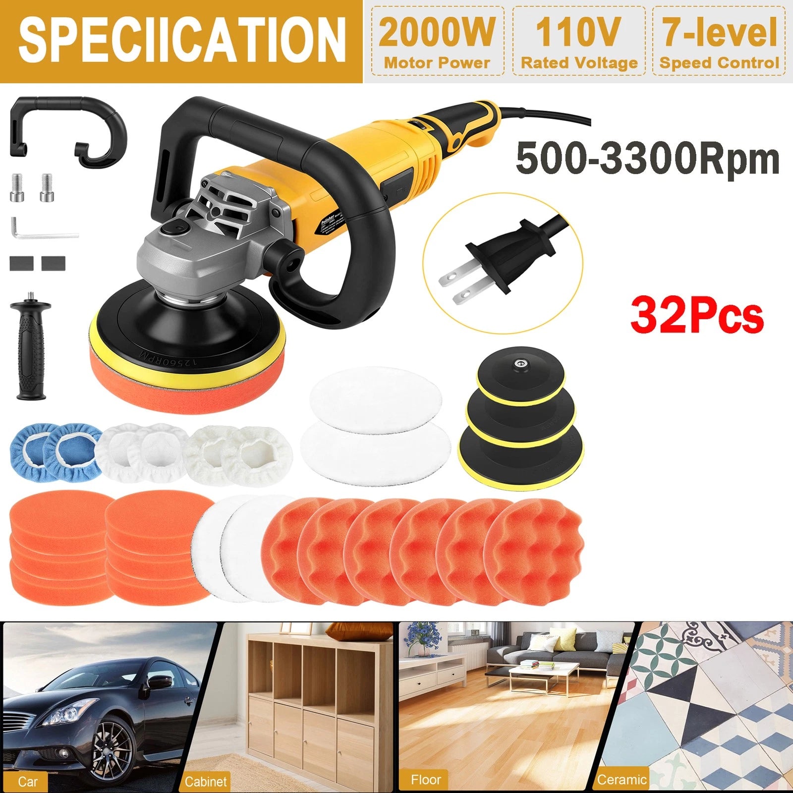 ??2000W Rotary Car Polisher Buffer Sander w/ 5" 6"7"Polishing Machine Waxer Pad