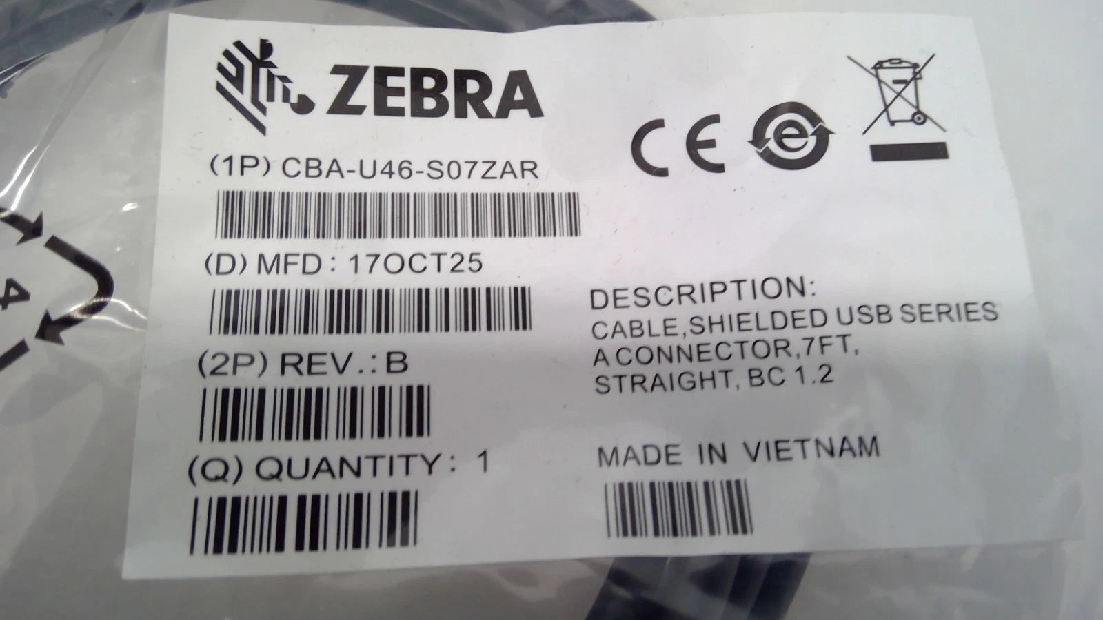 LOT OF 3 NEW Zebra Motorola DS3608 Cable CBA-U46-S07ZAR USB Series A Connector
