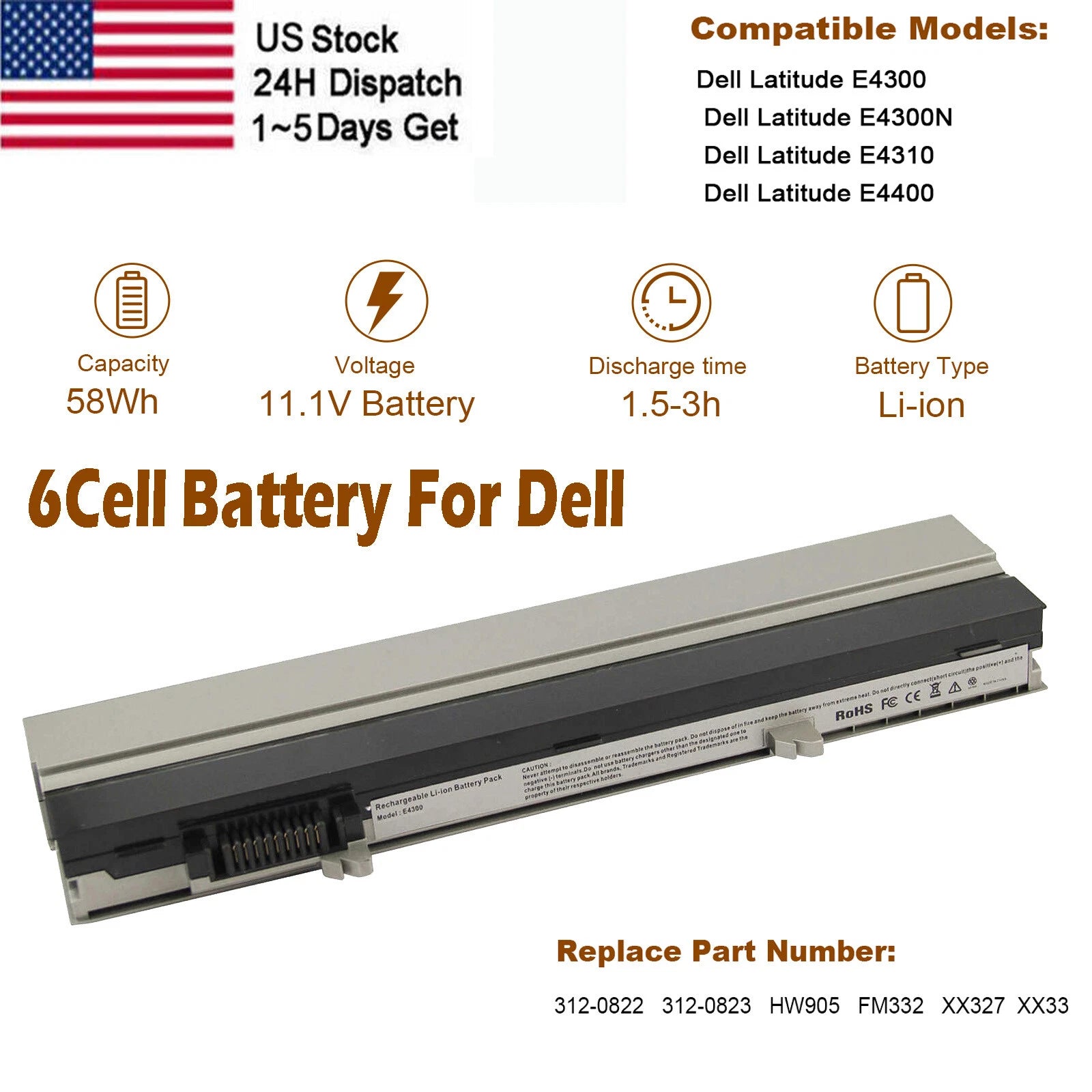 312-0822 Laptop Battery For Dell Latitude E4300 E4310 XX337 312-0823 0FX8X FM332