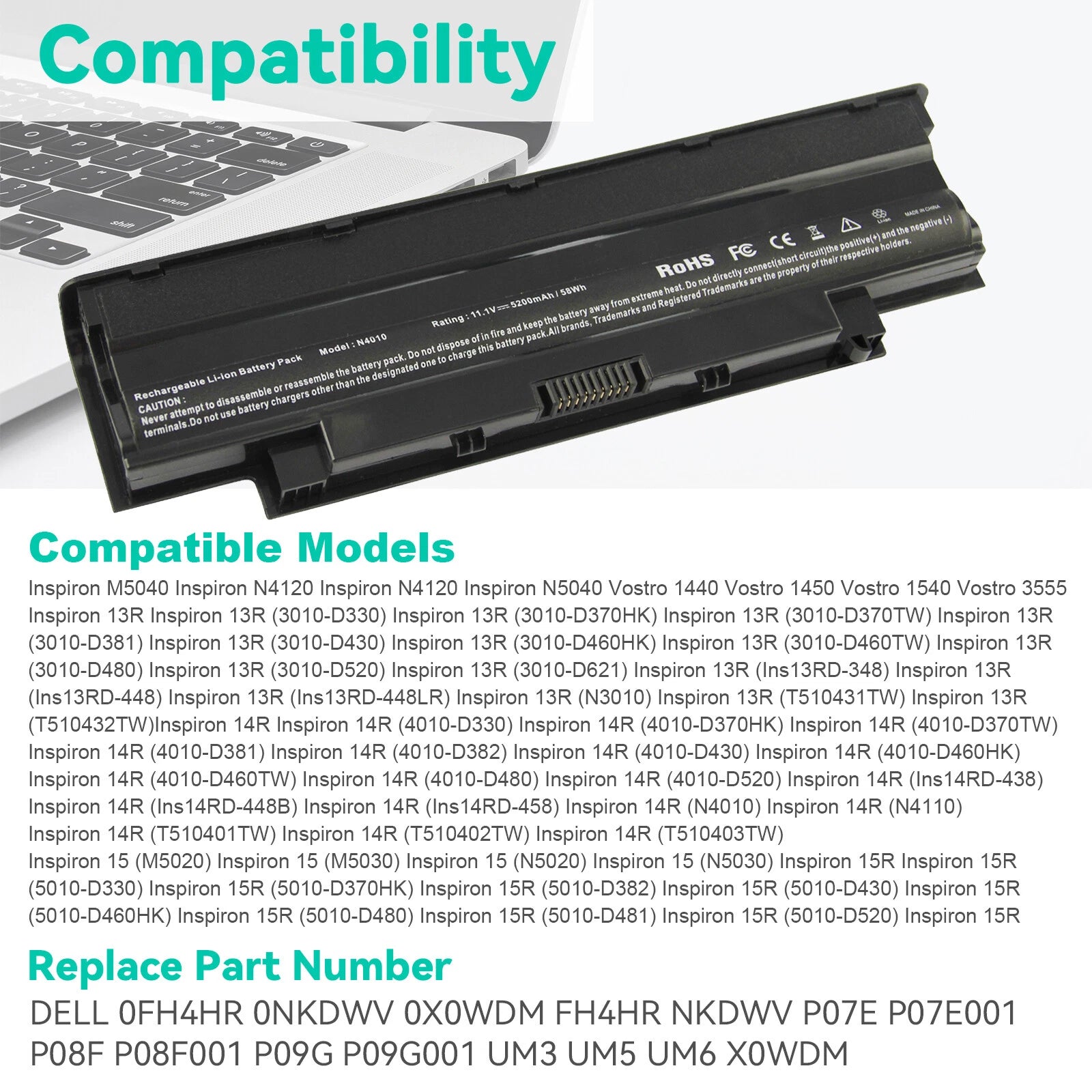 For DELL Inspiron N5030 N5050 N5040 15R N5110 17R N7010 N7110 J1KND Battery 58Wh