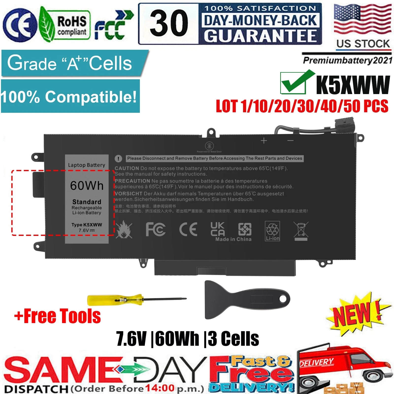?LOT 1-30 K5XWW Battery for Dell Latitude 5289 7389 7390 2-in-1 X49C1 71TG4 60Wh