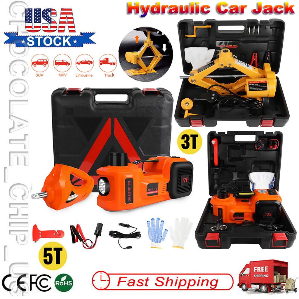 Electric 12V Car Jack 3/5Ton Floor Jack Lift w/ Impact Wrench Tire Inflator Pump