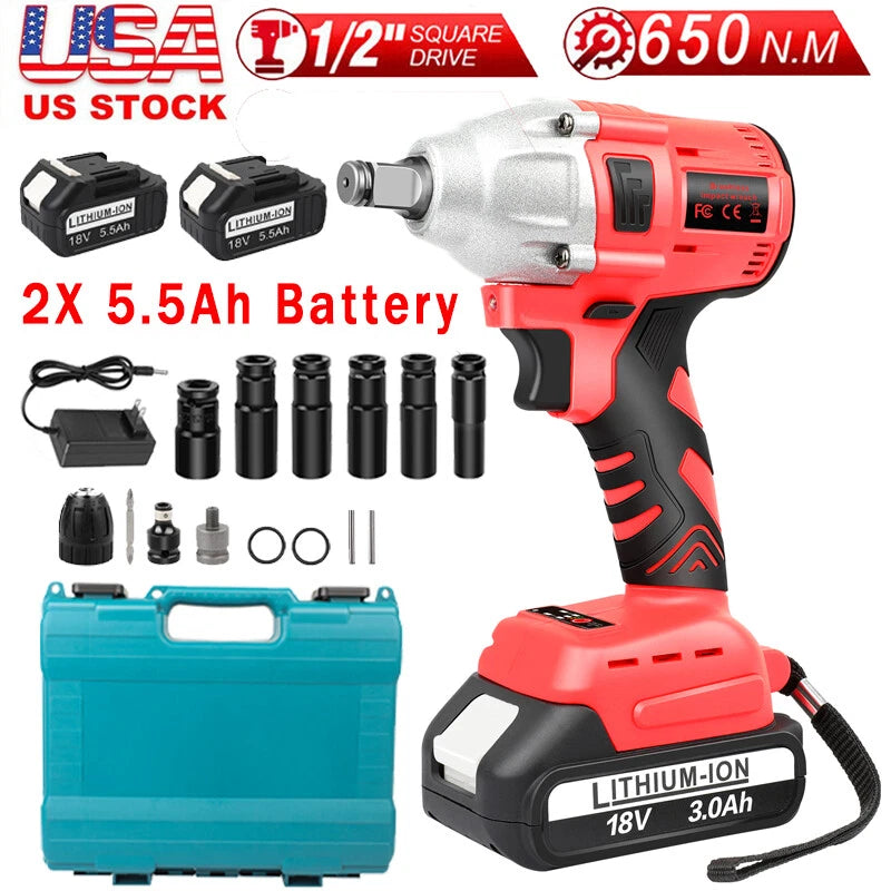 650N.M Cordless Electric Impact Wrench Gun 1/2'' High Power Driver 5.5Ah Battery