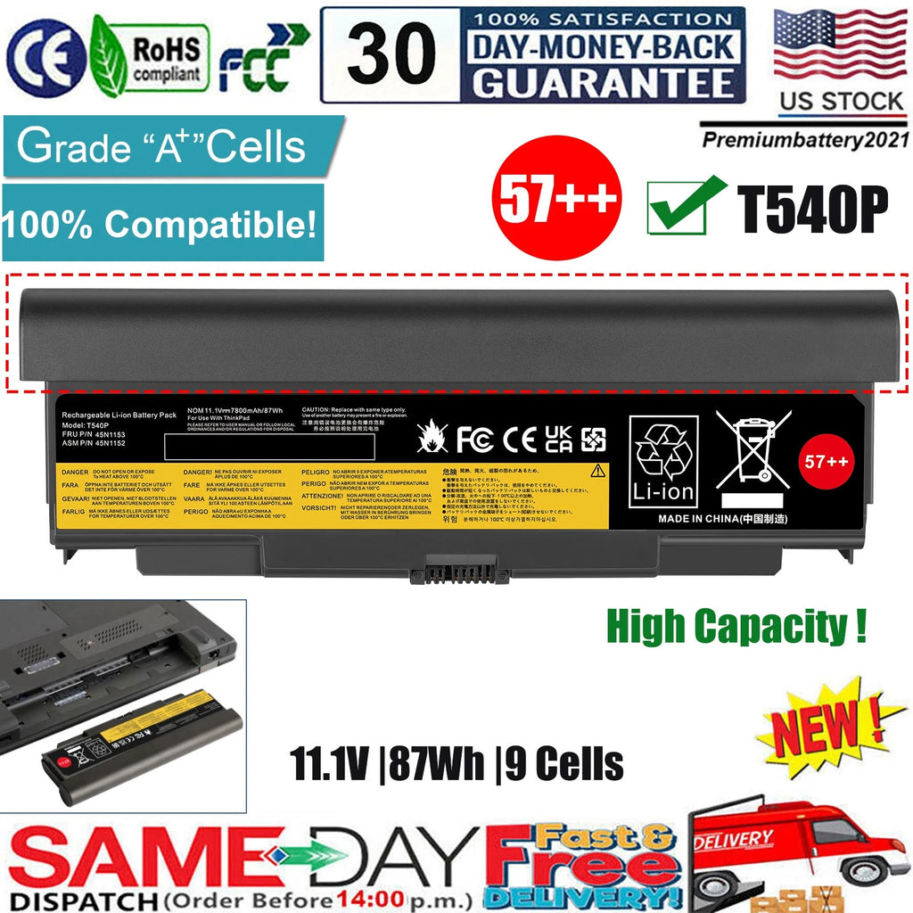 57++ 87WH Battery for Lenovo ThinkPad T440P T540P L440 L540 W540 0C52863