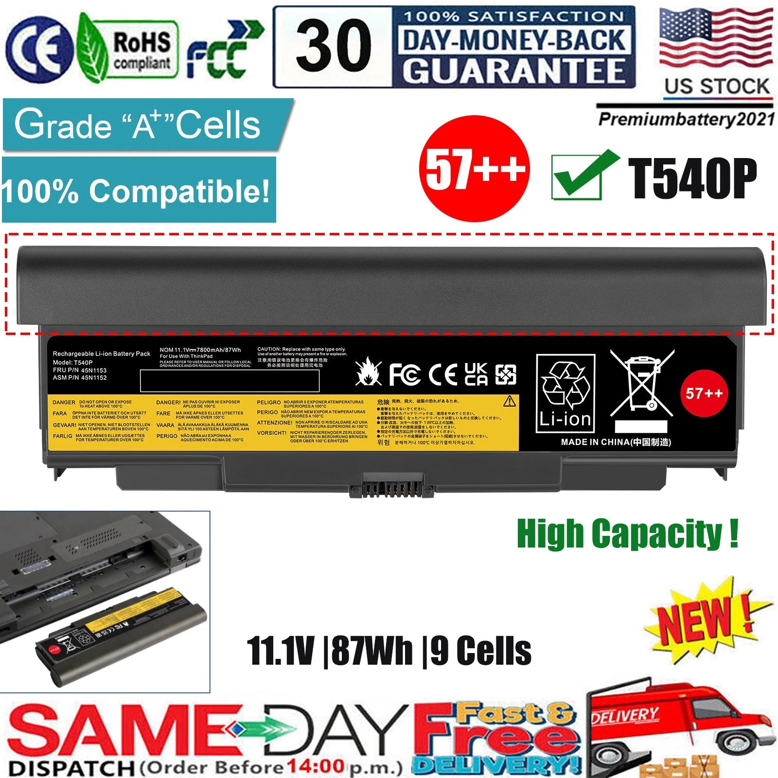 57++ 87WH Battery for Lenovo ThinkPad T440P T540P L440 L540 W540 0C52863