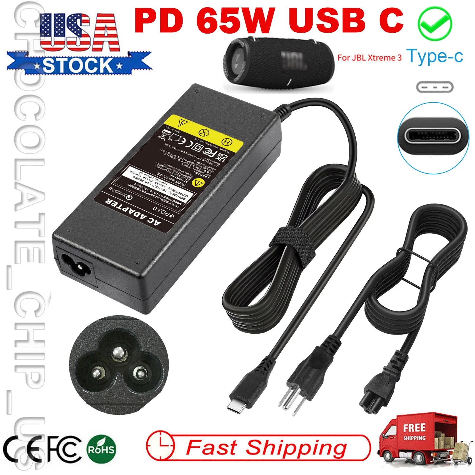 65W USB C AC DC Adapter Power Charger For JBL Xtreme 3 Portable Wireless Speaker