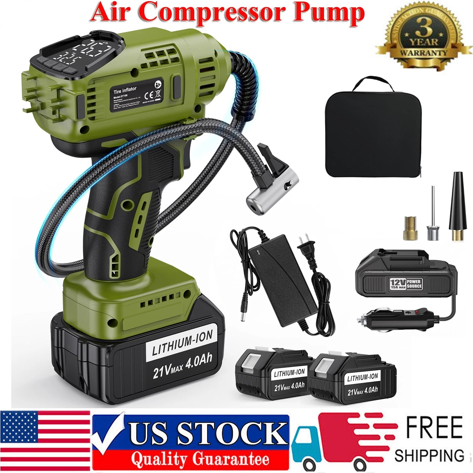 Tire Inflator Air Compressor Cordless Car Tire Pump w/21V Battery+12V DC Adapter