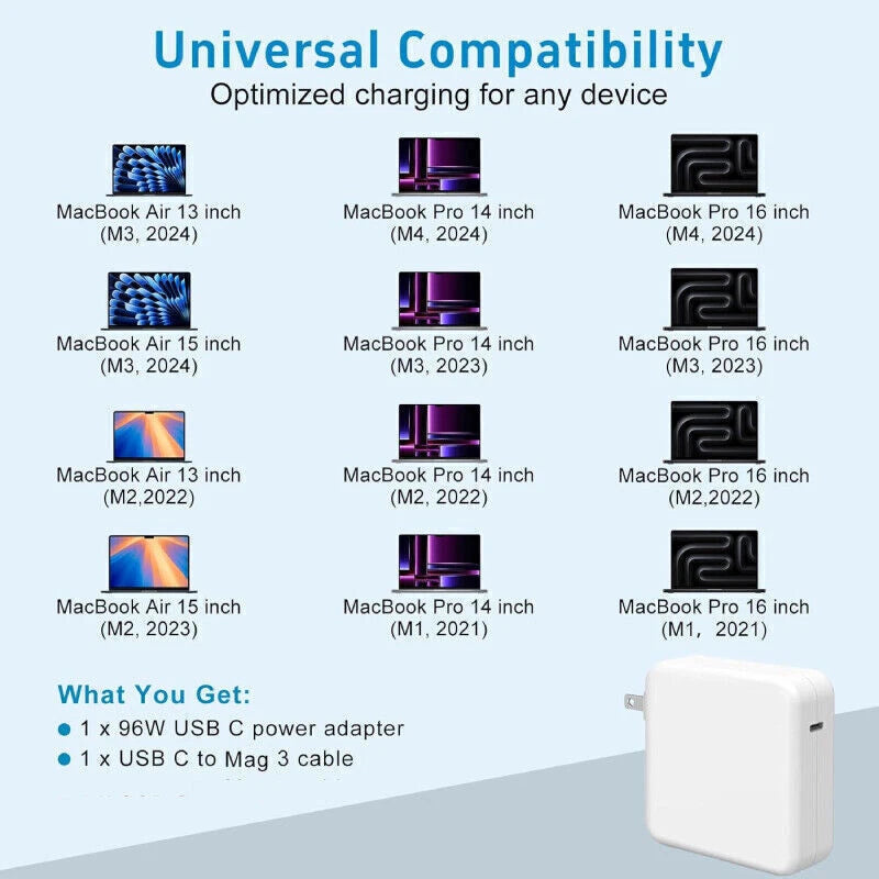 96W 61W USB-C Charger For MacBook Air 13 15 16 Inch (M1 M2 M3) 2022 2023 2024