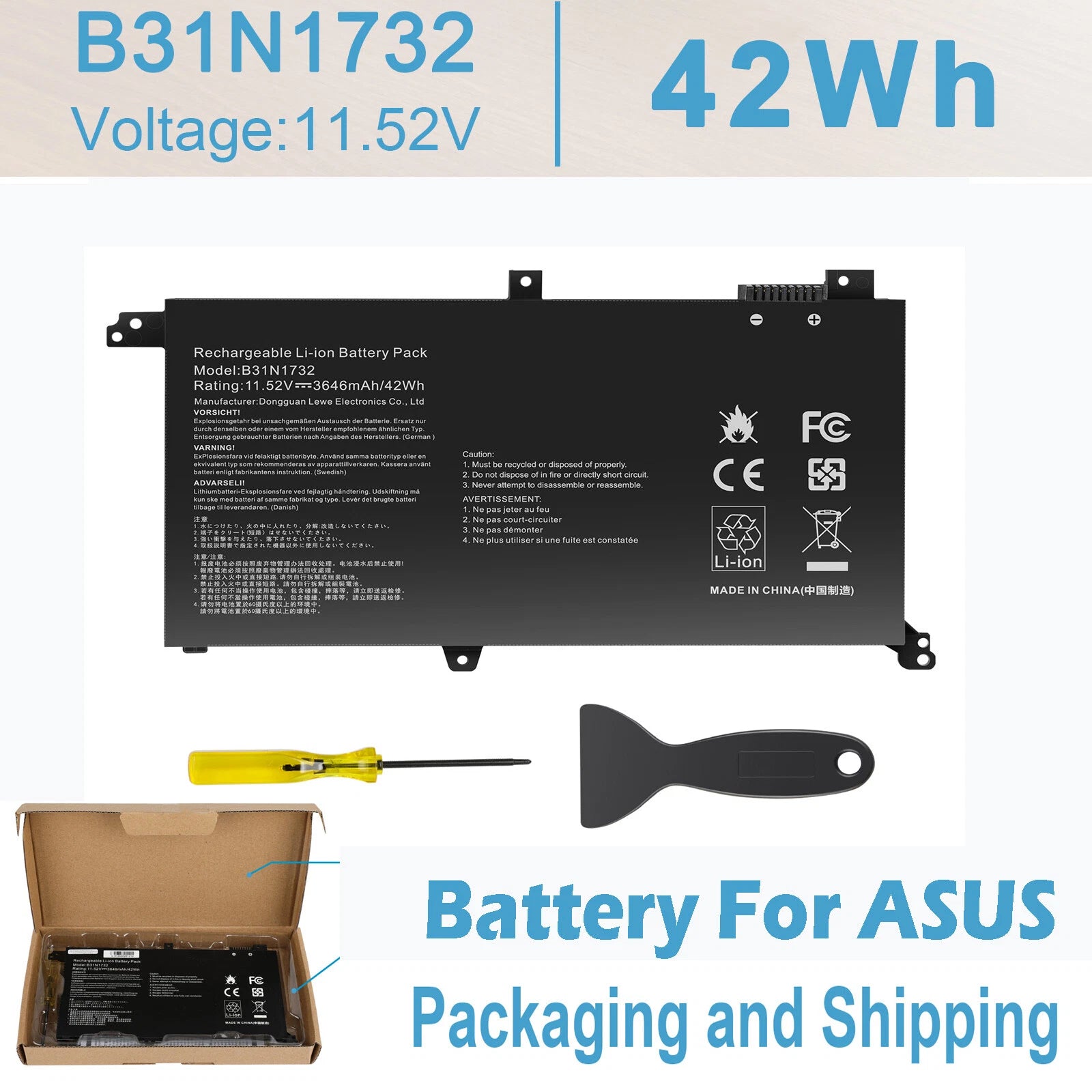 Replace B31N1732 Battery For Asus VivoBook S14 S430FA S430FN VX60G X430UF 42WH