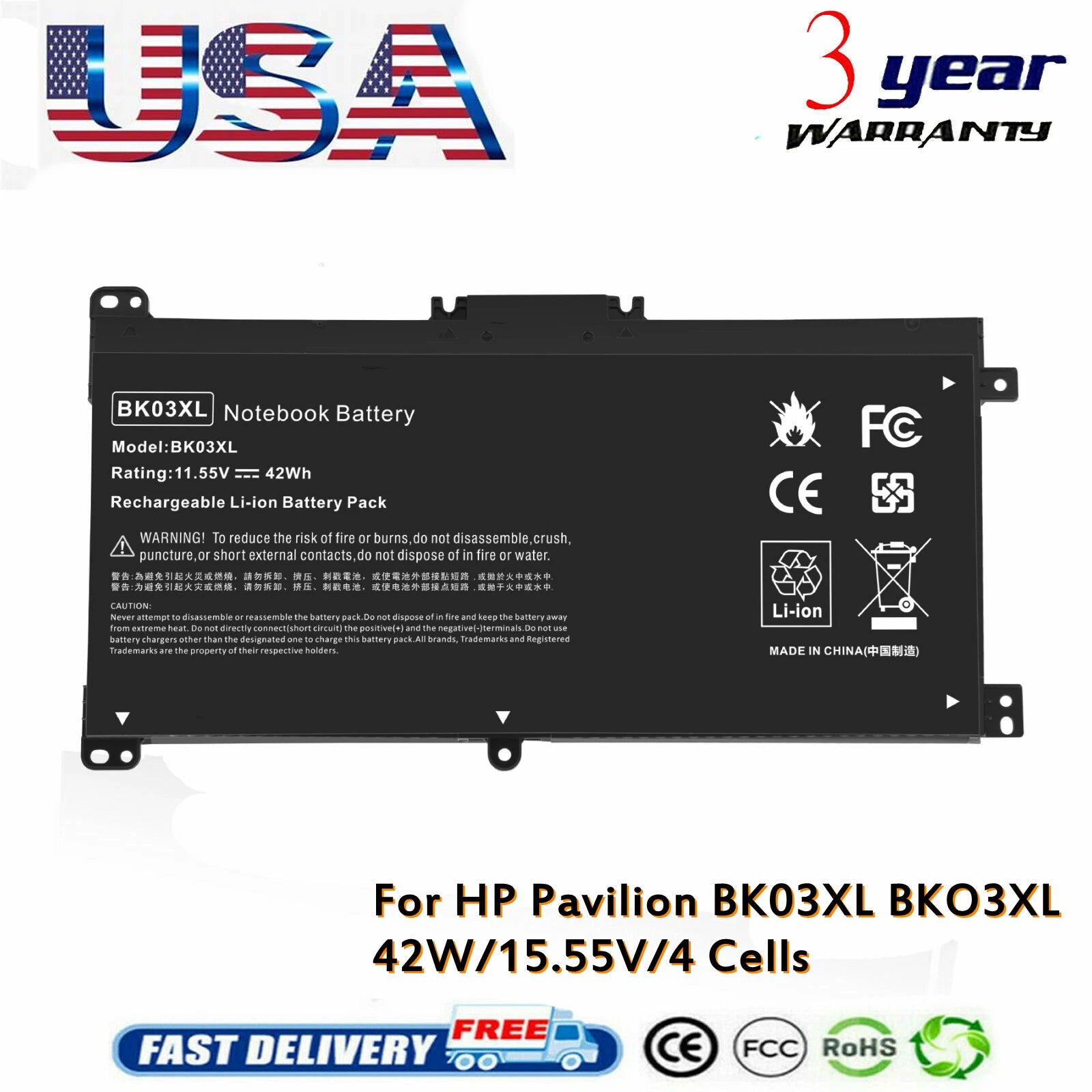 Battery BK03XL For HP Pavilion x360 14-BA 14M 916366-421 916366-541 916811-855