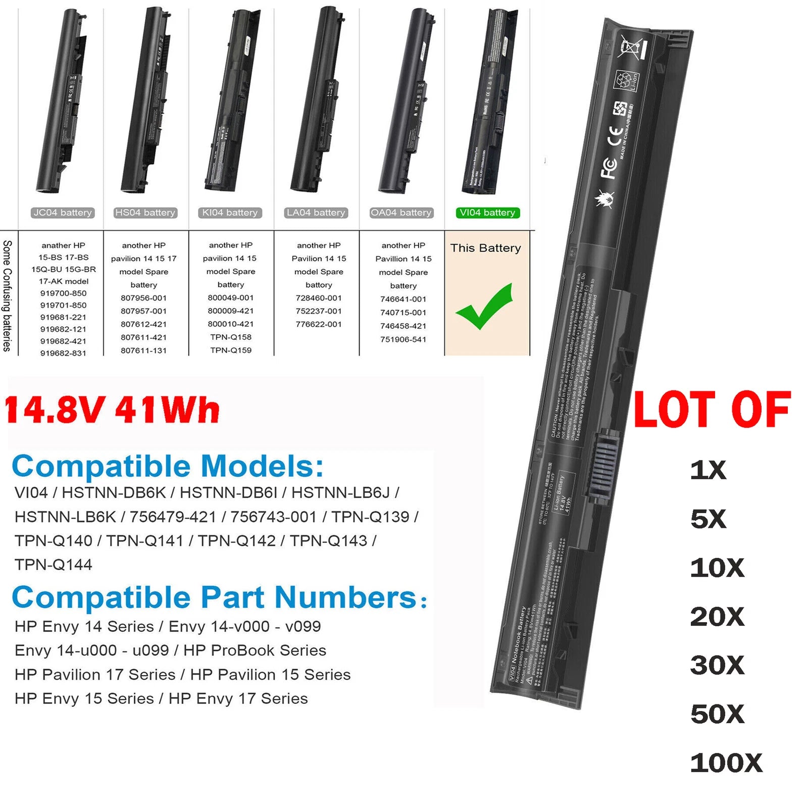 ??LOT 1-100x V104 VI04 Battery HP ProBook 450 G2 G3 440 G2 756743-001 756478-422