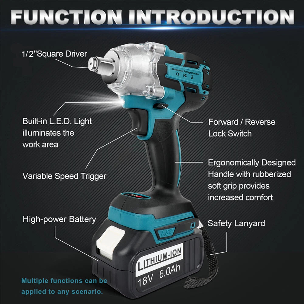Cordless Impact Wrench 1/2 Brushless Drive Set Power Tool For Makita 18V Battery