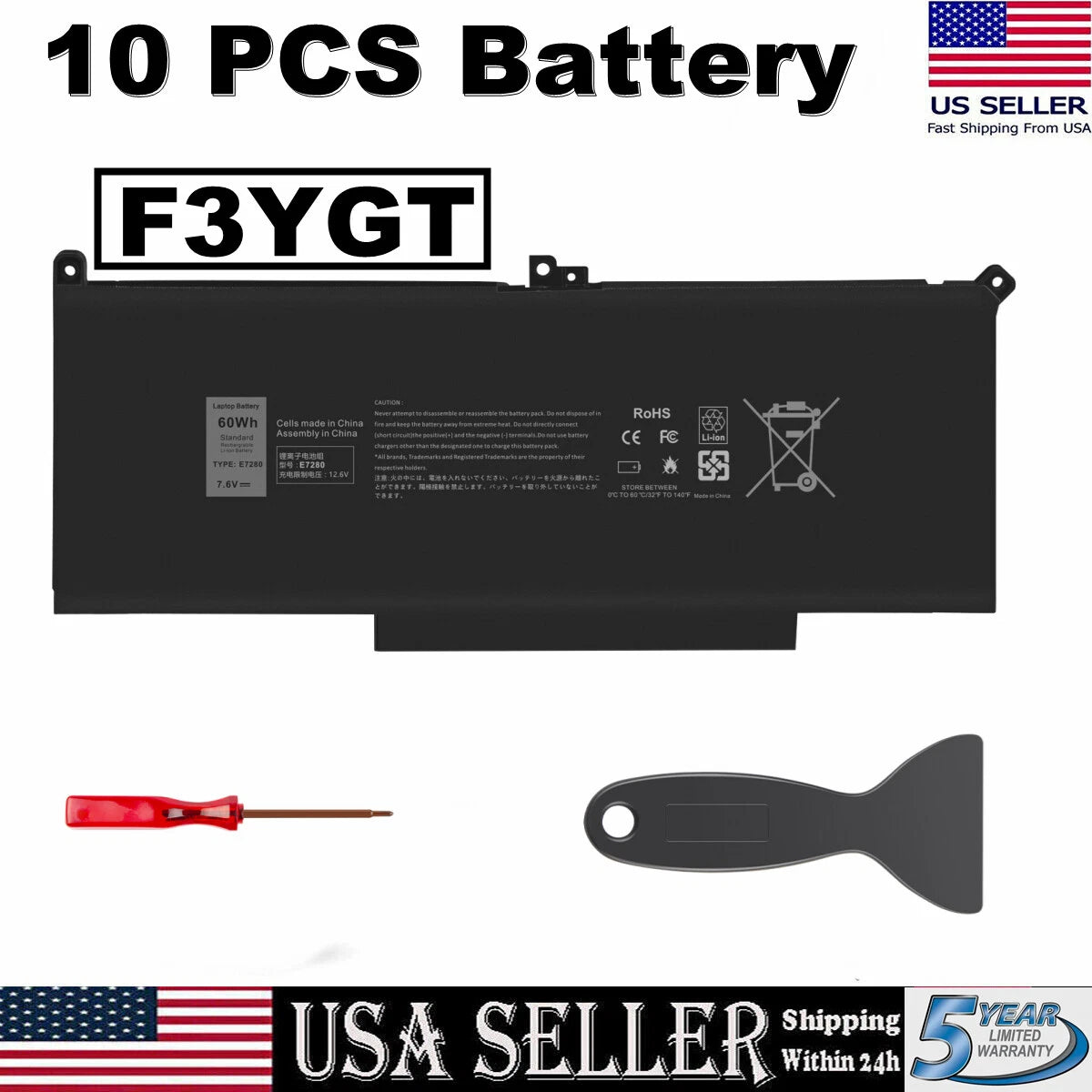 LOT 10x F3YGT Battery For Dell Latitude 12 13 14 E7280 E7480 7480 7490 7380 7390