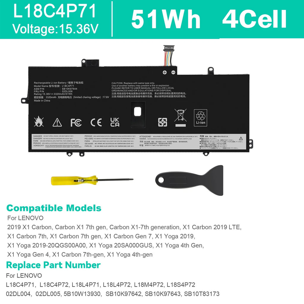 L18C4P71 L18L4P71 L18M4P72 Battery For Lenovo ThinkPad X1 Carbon 7th Gen 51Wh
