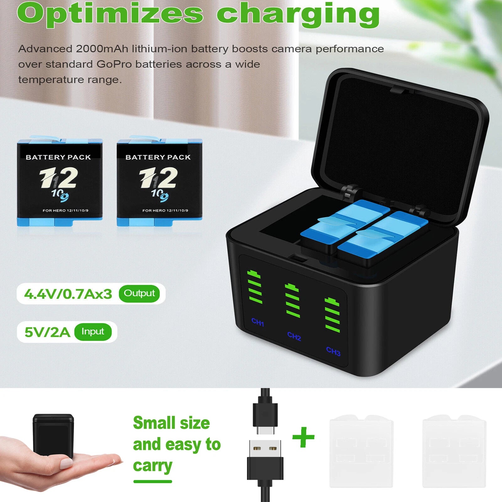 ??For GoPro Dual Battery Charger+2x Battery For GoPro HERO12 HERO11 HERO10 HERO9