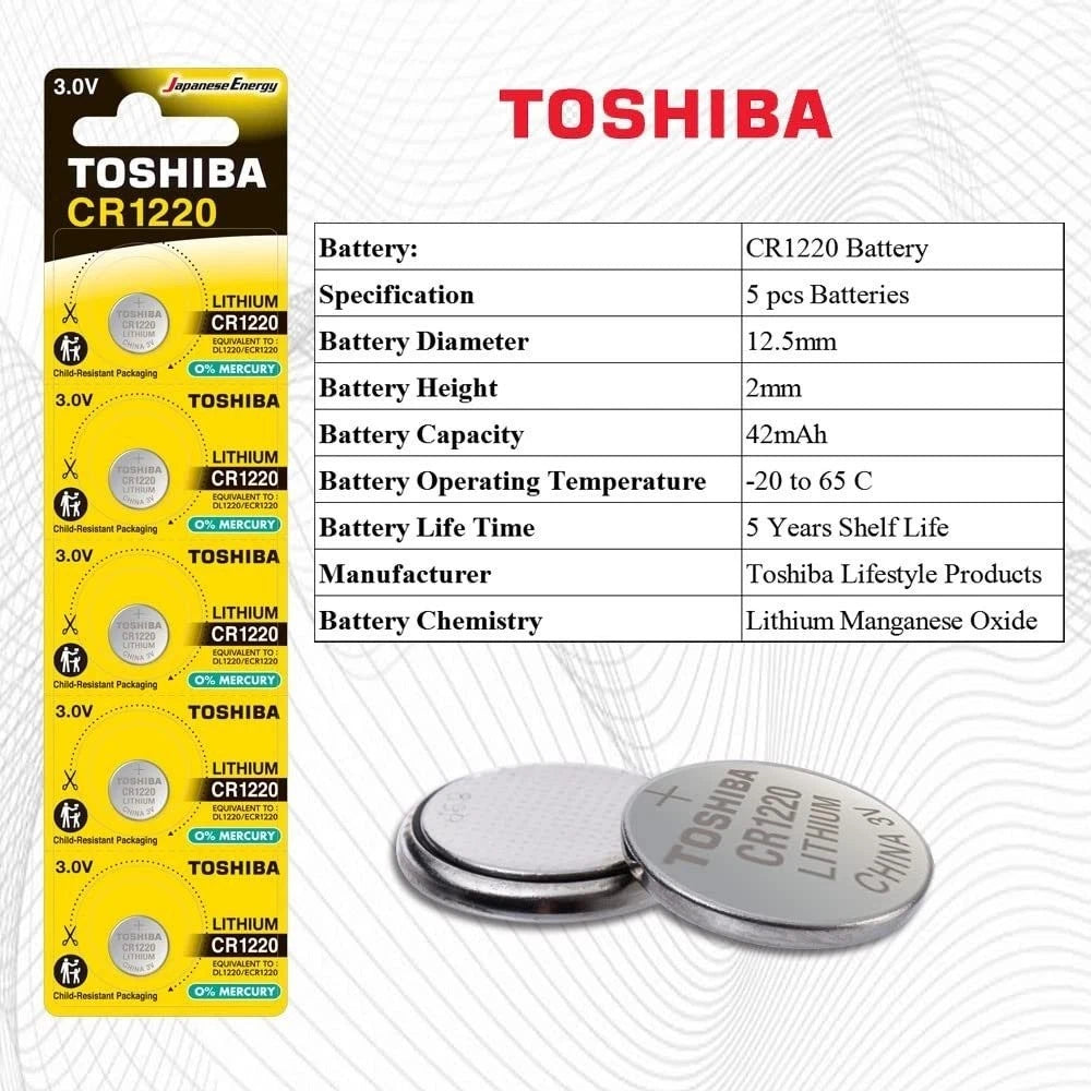 TOSHIBA CR1220 3V Lithium Coin Cell Battery 5 Batteries in Strip...