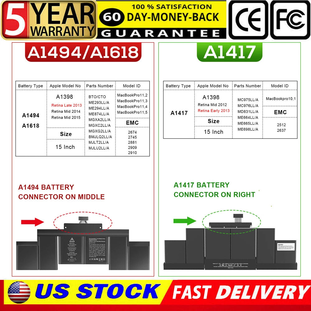 A1618 A1417 Battery for Apple Macbook Pro 15 A1398 EMC 2512 2673 2012 2013 2015