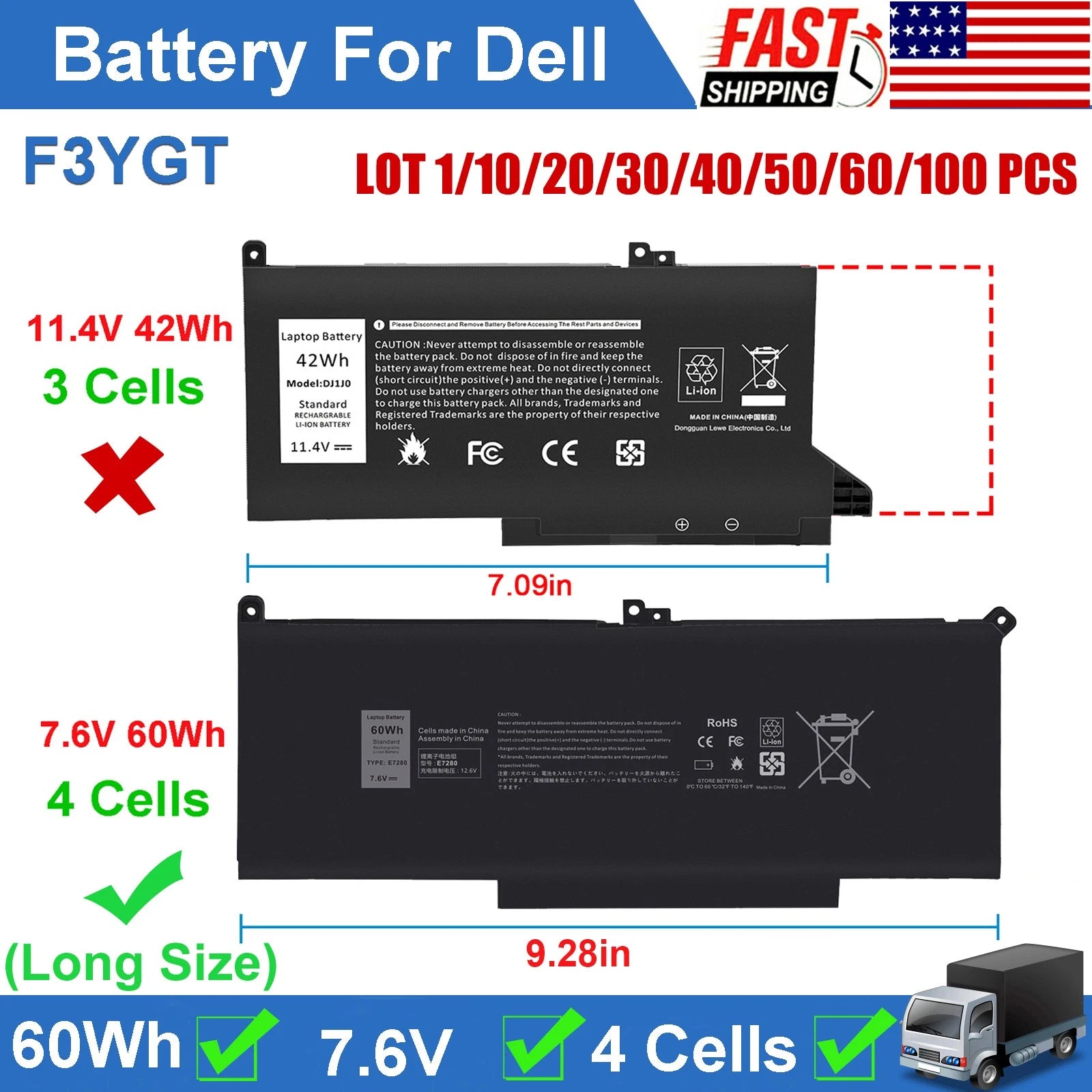 ?LOT F3YGT DM3WC Battery For Dell Latitude 7280 7290 7380 7390 7480 7490 E7480