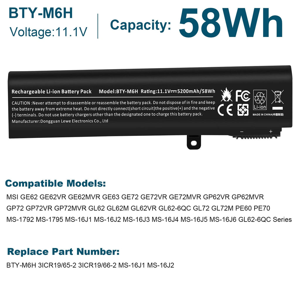 ??Battery BTY-M6H For MSI GE62 GE62VR GE63 GE72 GP62 GP72 GL62 GL72 GP63 5200MAH