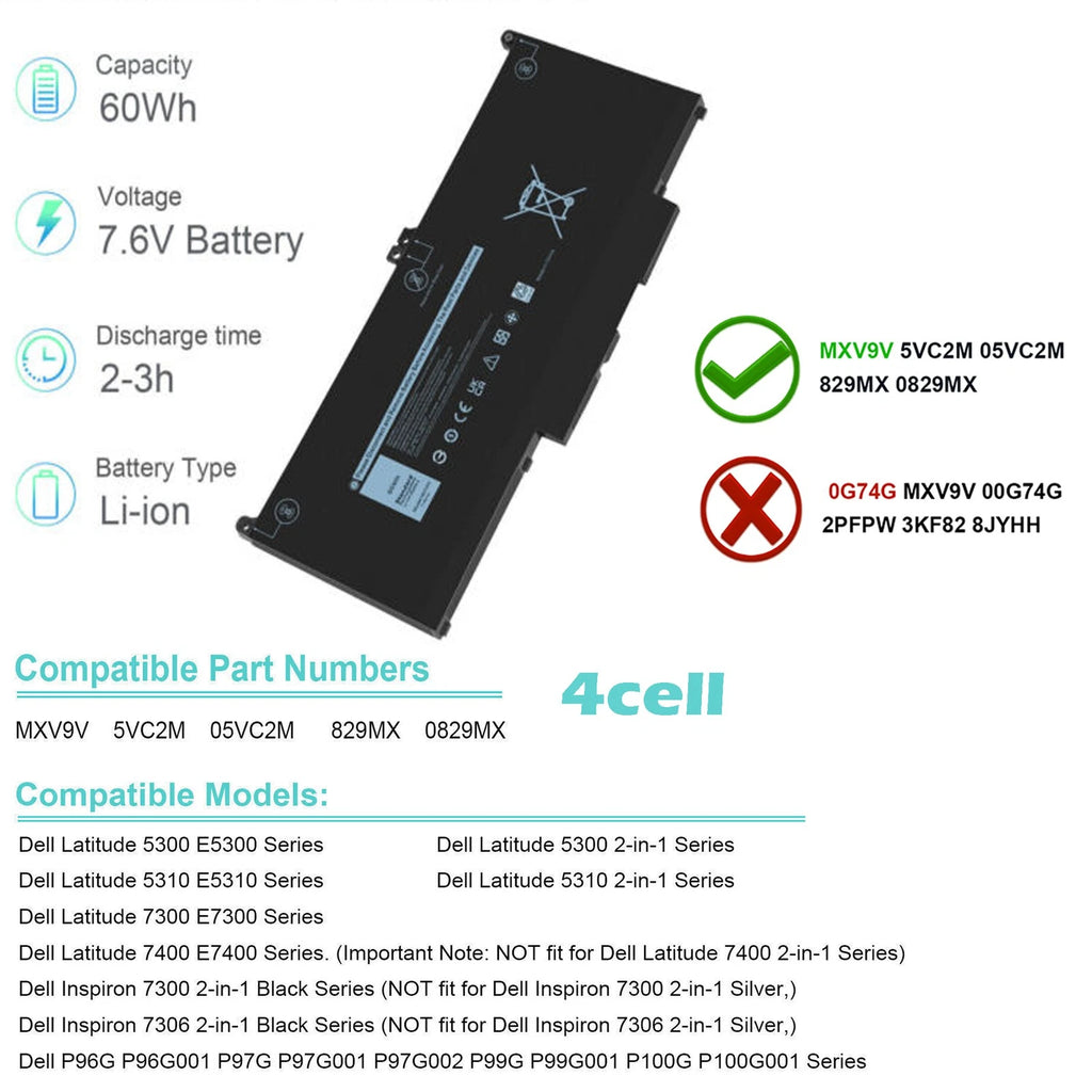 MXV9V Battery/Charger For Dell Latitude 7300 7400 5VC2M N2K62 5300 7.6V 60Wh