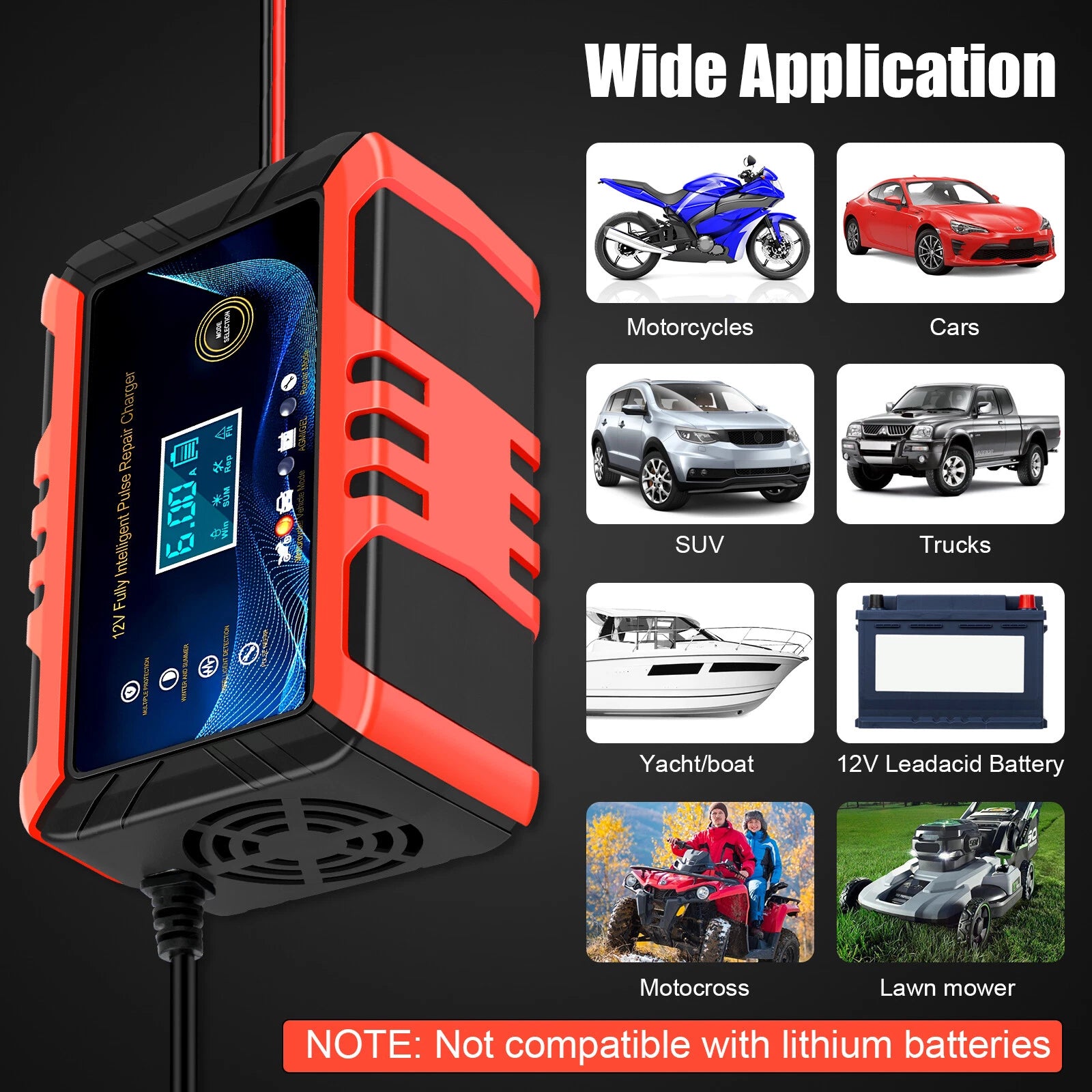 12V/6A Car Battery Charger Smart Automatic Pulse Repair Trickle Charger AGM GEL