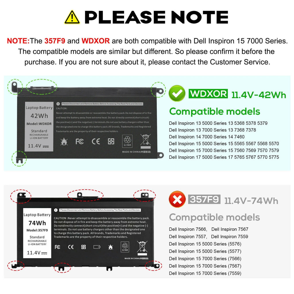 WDXOR for DELL Inspiron Battery WDX0R 42Wh 15 5567 5568 13 5368 7368 7569 7579