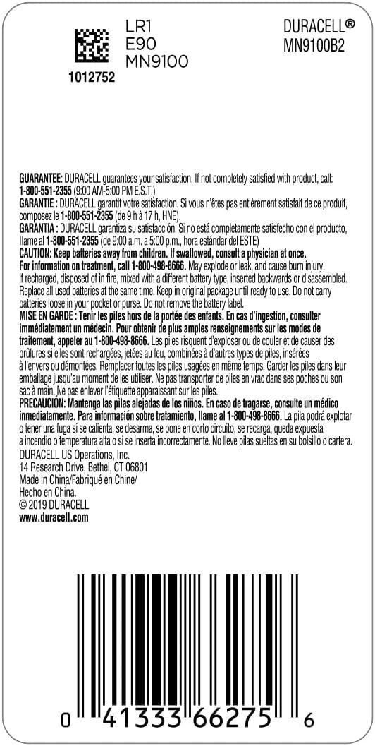 Duracell N 1.5V Alkaline Battery, 2 Count Pack, N 1.5 Volt Alkaline Battery,...