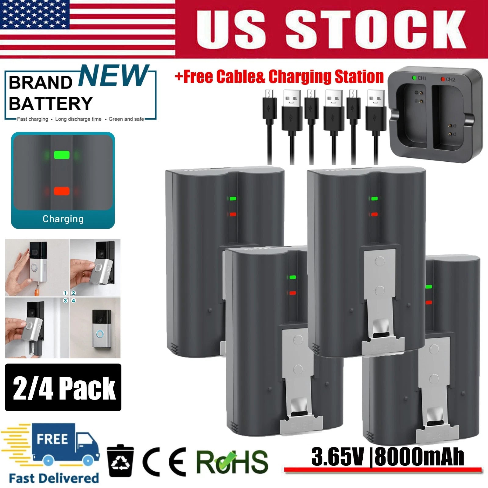 ?2/4 Pack Battery for Ring Video Doorbell 2 3 4 Spotlight Cam Solar floodlight