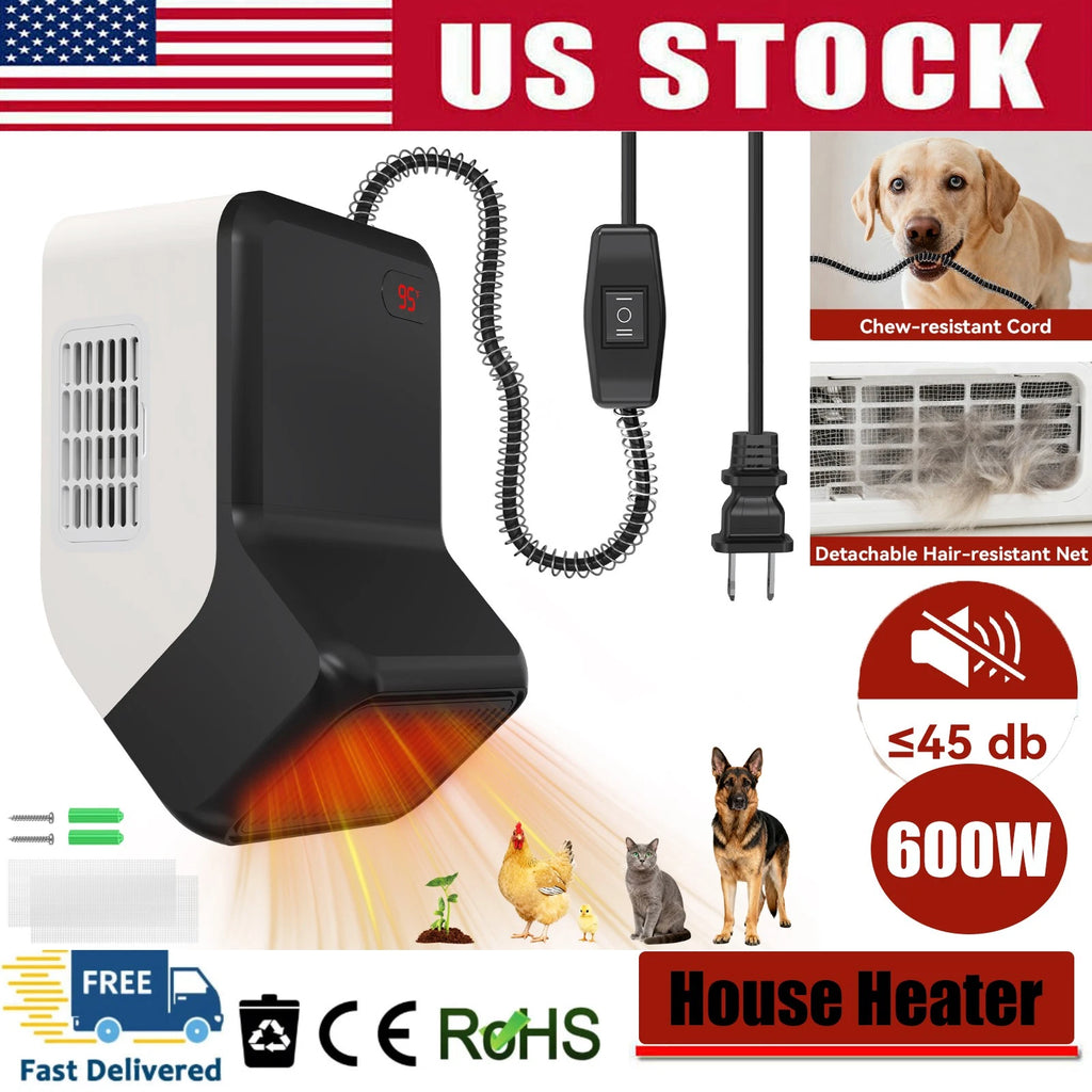 ?600W Thermostatic Dog Heater Pet House Wall-Mounted Warmer -Dual Heat Settings