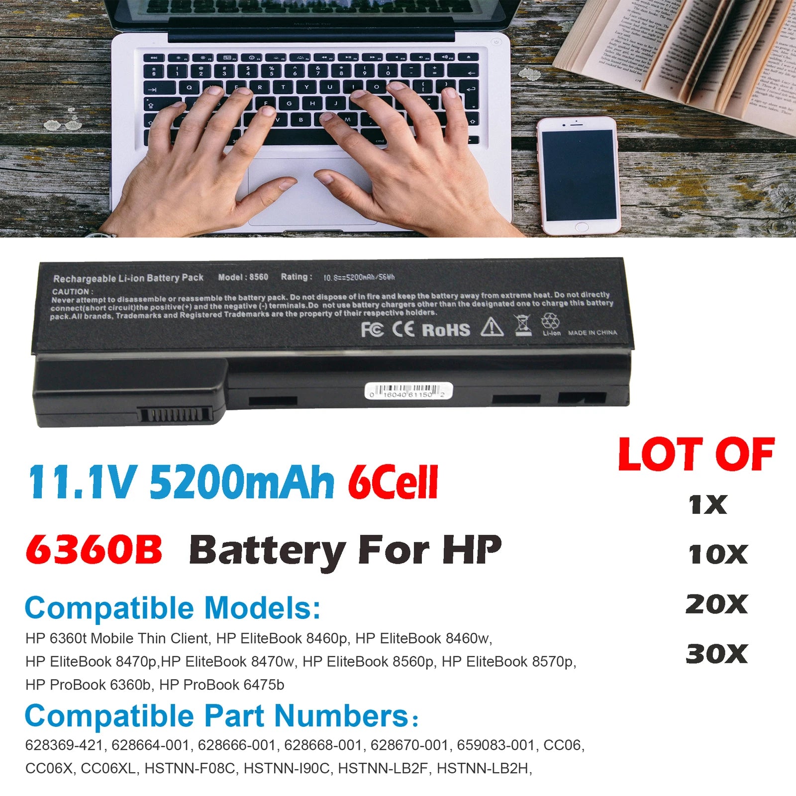 ??LOT 30x 6360b Battery For HP 8460P 8470p 8560p 6460b 6465b 6470b 6475b 6570b