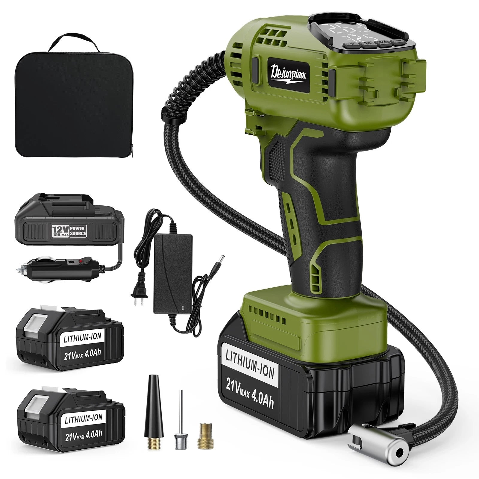 Cordless Tire Inflator Air Compressor 12V Car Tire Pump 21V Rechargeable Battery
