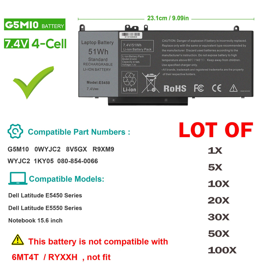 ??LOT G5M10 E5450 Battery For Dell Latitude 14 15 WYJC2 0WYJC2 8V5GX R9XM9 51WH
