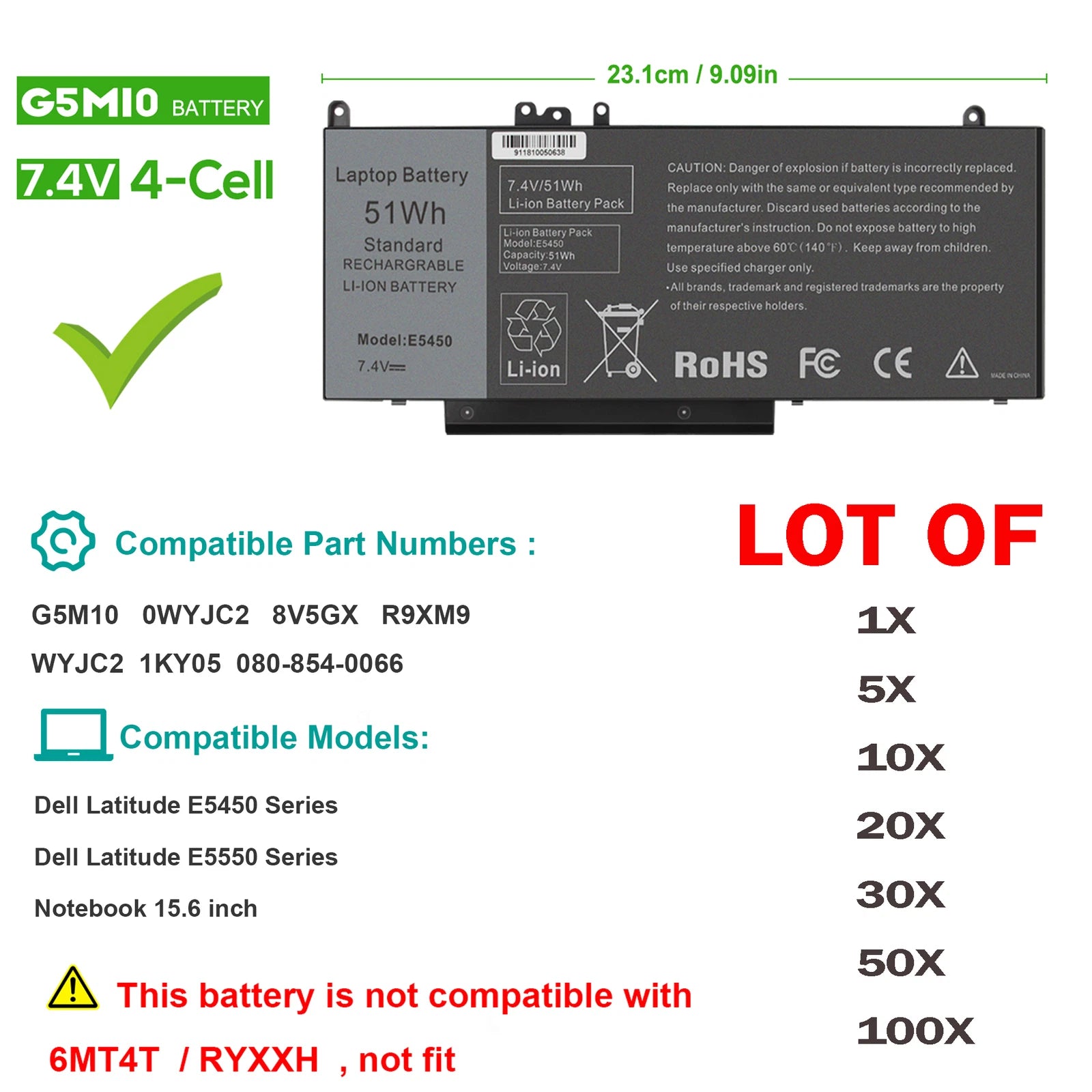 ??LOT G5M10 E5450 Battery For Dell Latitude 14 15 WYJC2 0WYJC2 8V5GX R9XM9 51WH